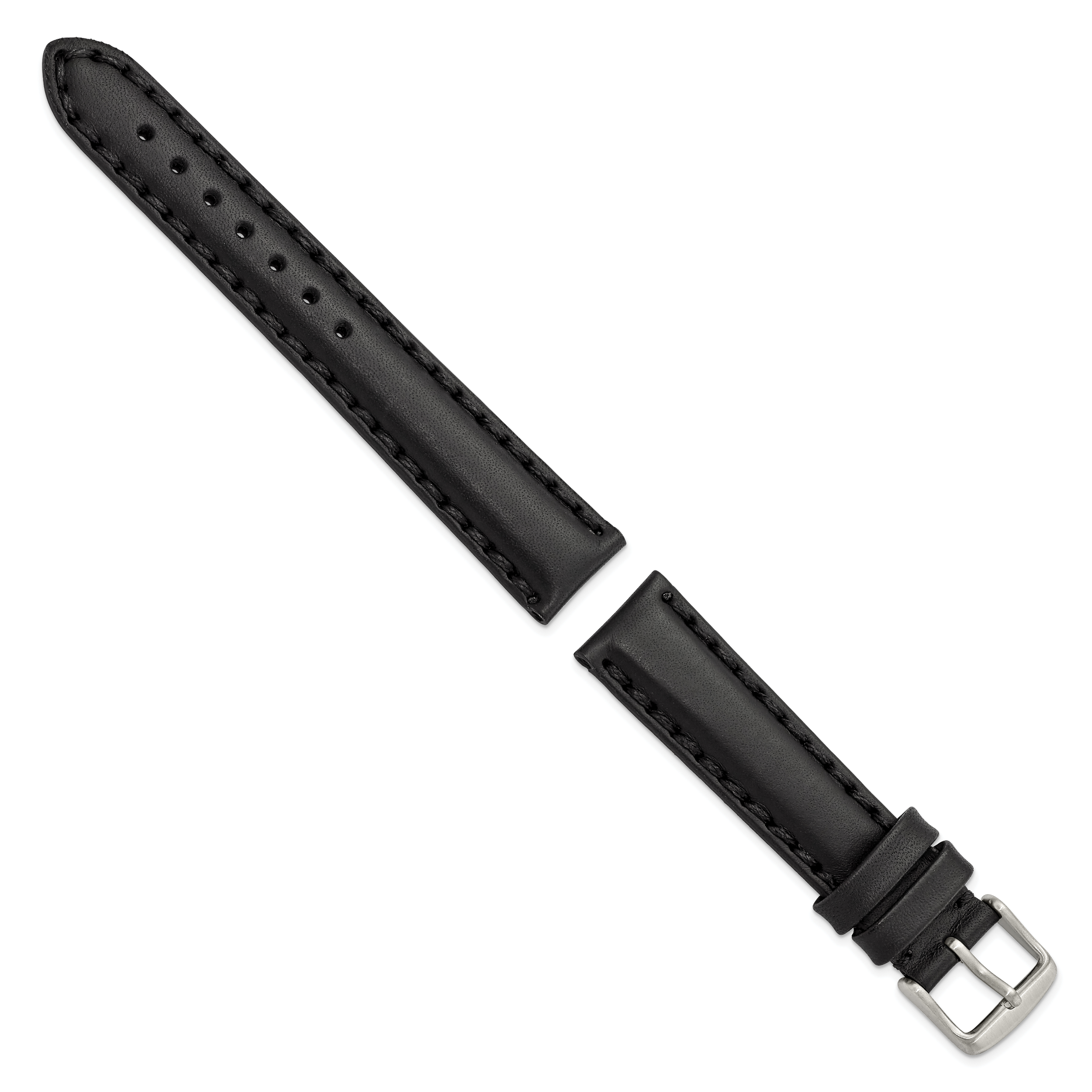 18mm Black Hand Stitched Oil Leather with Brushed Stainless Steel Buckle 7.5 inch Watch Band