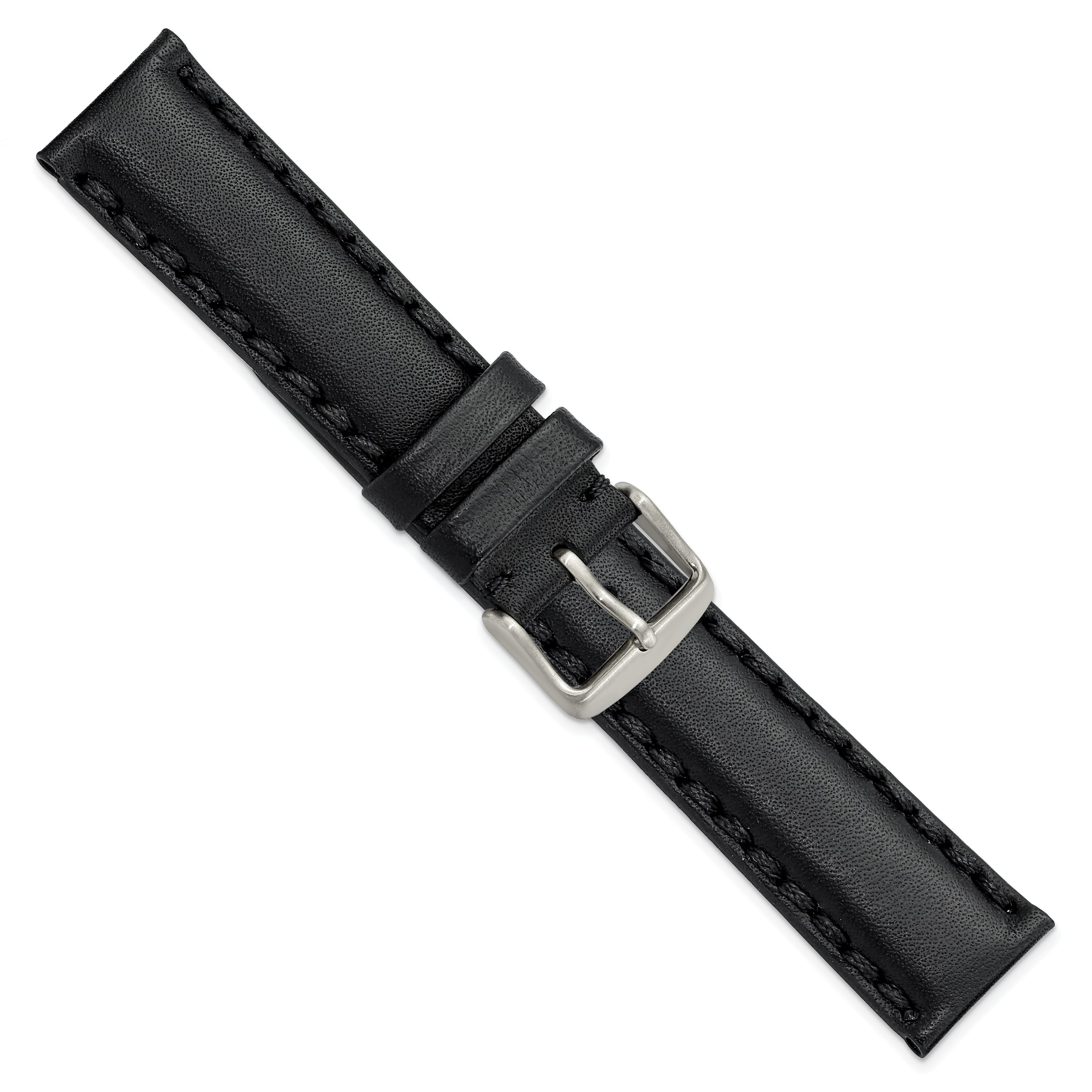 20mm Black Hand Stitched Oil Leather with Brushed Stainless Steel Buckle 7.5 inch Watch Band