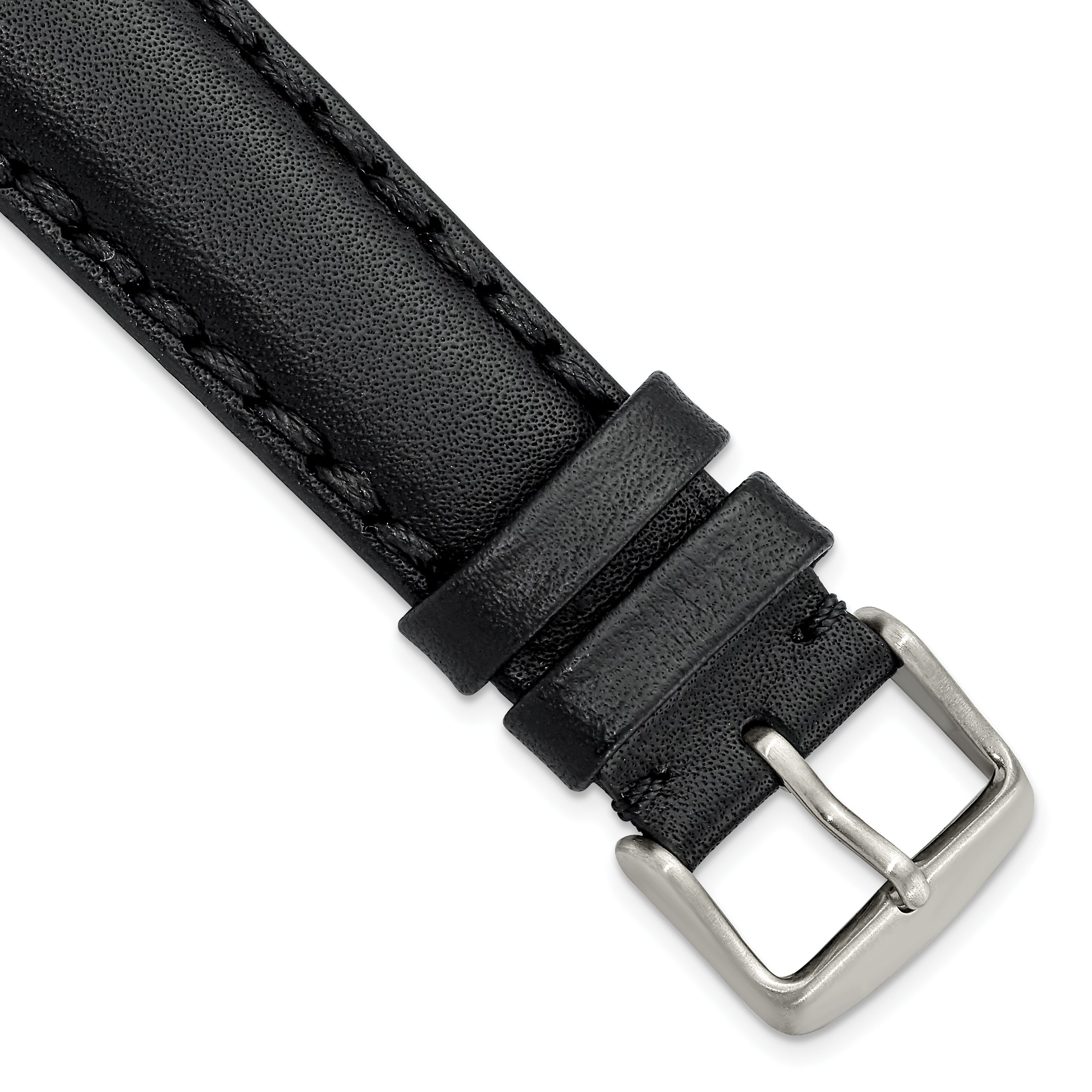 20mm Black Hand Stitched Oil Leather with Brushed Stainless Steel Buckle 7.5 inch Watch Band