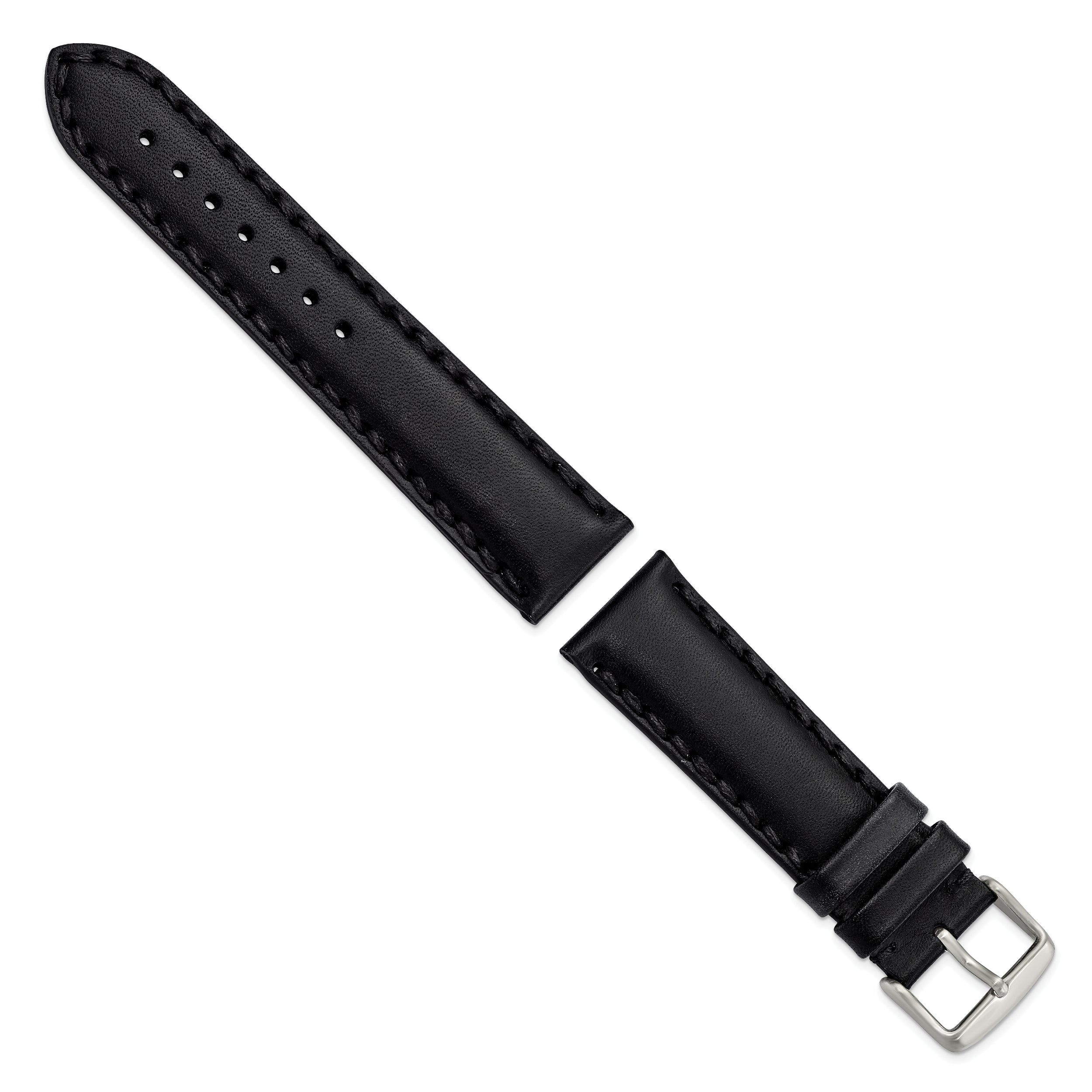 22mm Black Hand Stitched Oil Leather with Brushed Stainless Steel Buckle 7.5 inch Watch Band