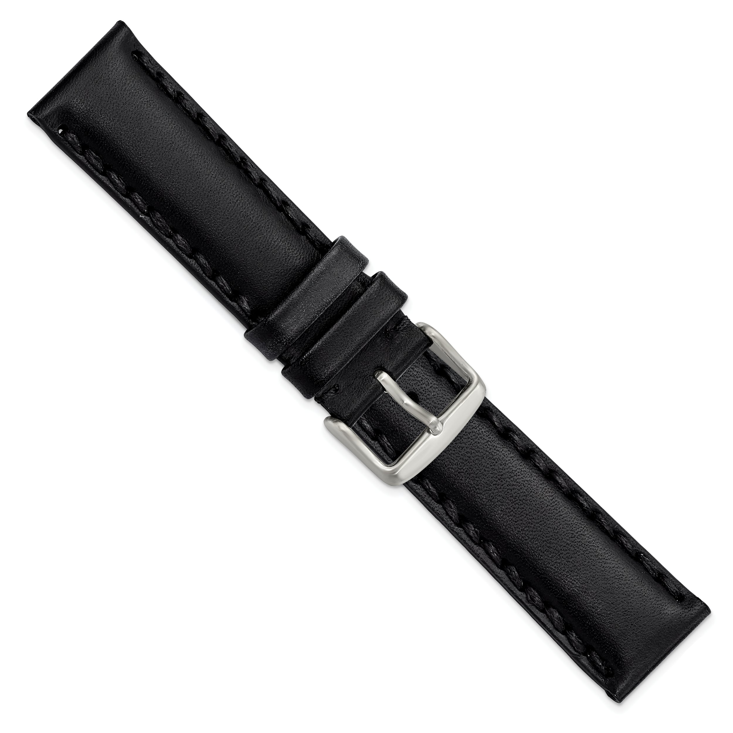 22mm Black Hand Stitched Oil Leather with Brushed Stainless Steel Buckle 7.5 inch Watch Band