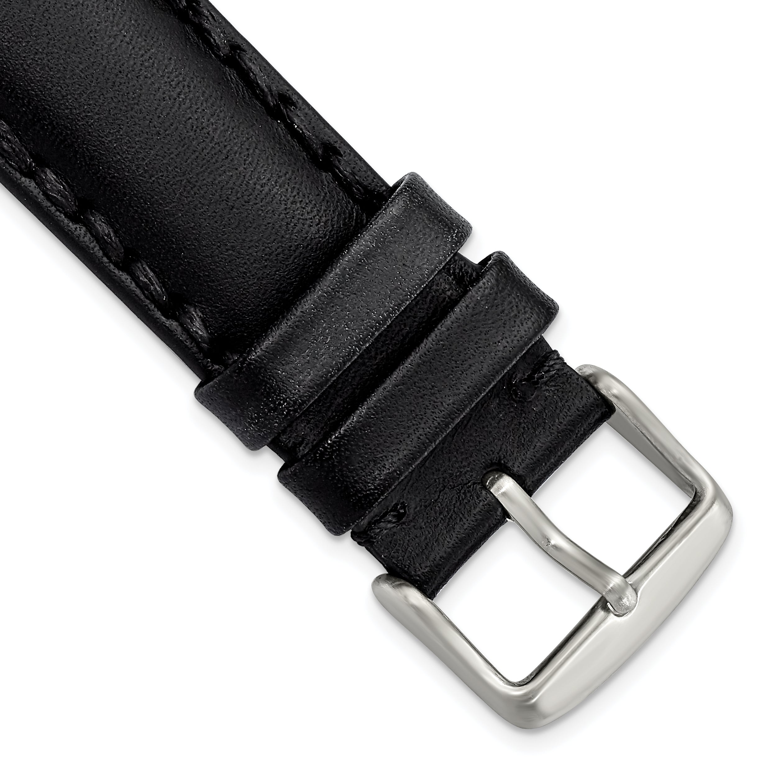 22mm Black Hand Stitched Oil Leather with Brushed Stainless Steel Buckle 7.5 inch Watch Band
