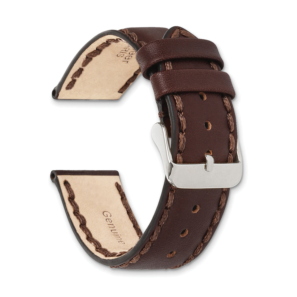 18mm Brown Hand Stitched Oil Leather with Brushed Stainless Steel Buckle 7.5 inch Watch Band