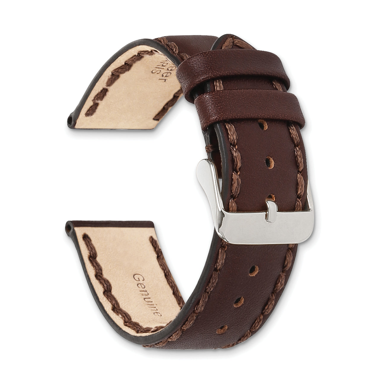 18mm Brown Hand Stitched Oil Leather with Brushed Stainless Steel Buckle 7.5 inch Watch Band