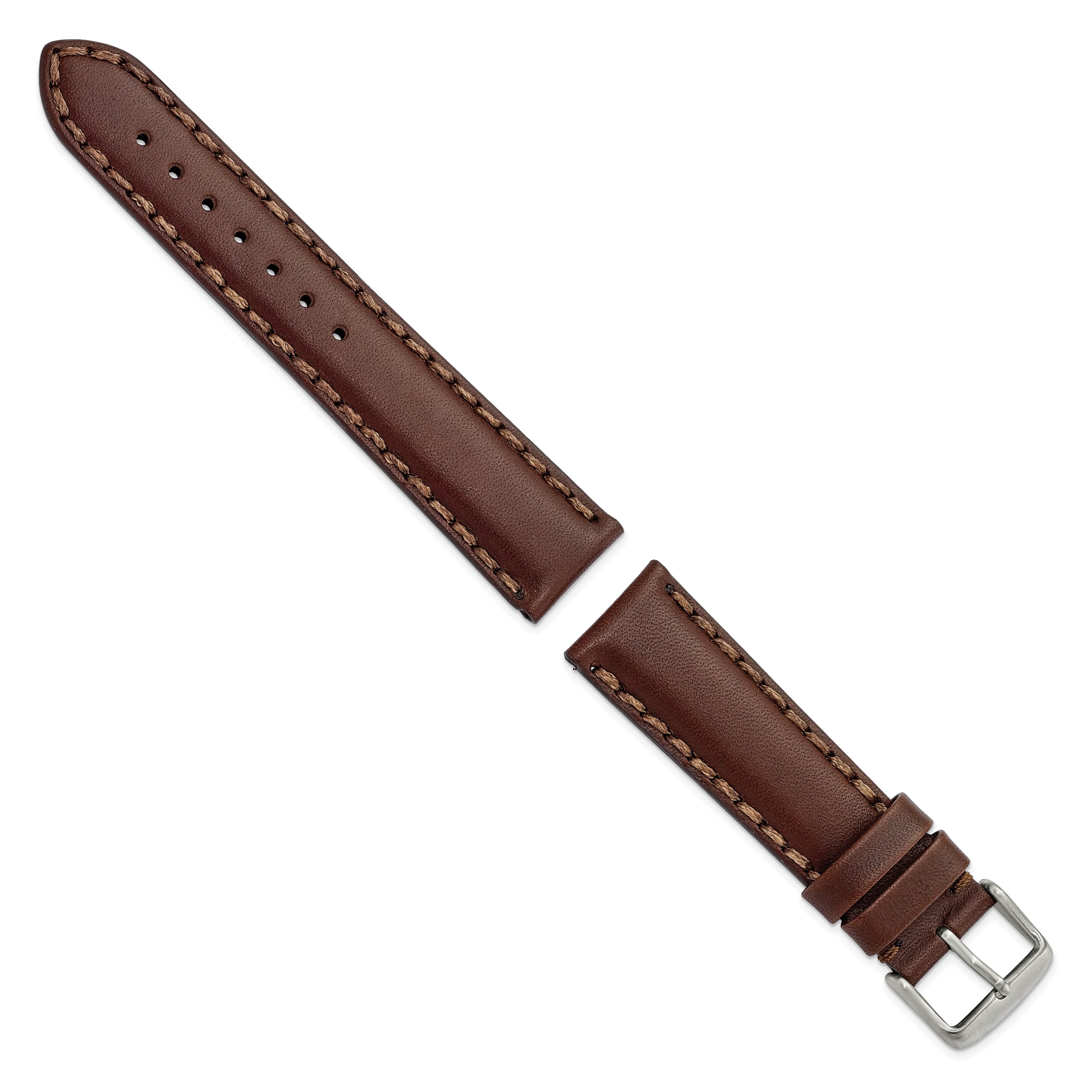 20mm Dark Brown Hand Stitched Oil Leather with Brushed Stainless Steel Buckle Watch 7.5 inch Band