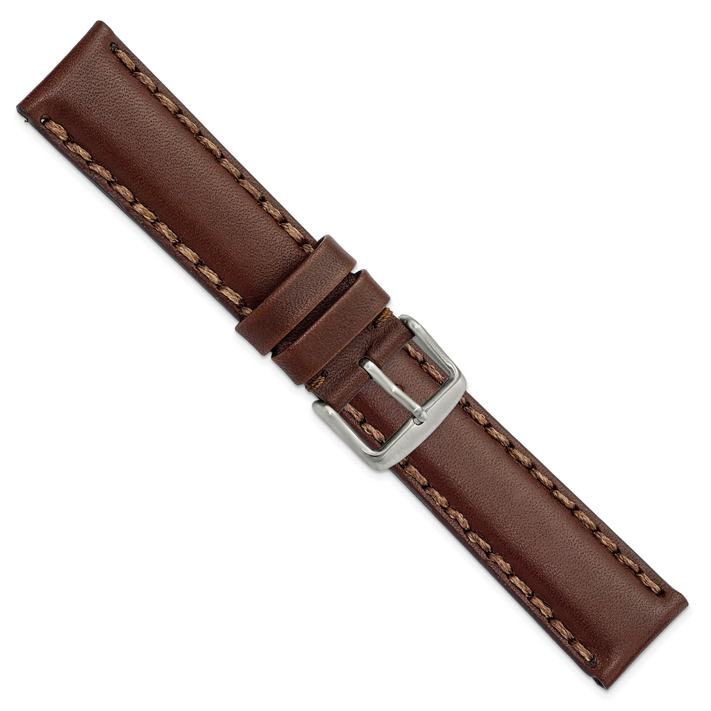 18mm Brown Hand Stitched Oil Leather with Brushed Stainless Steel Buckle 7.5 inch Watch Band