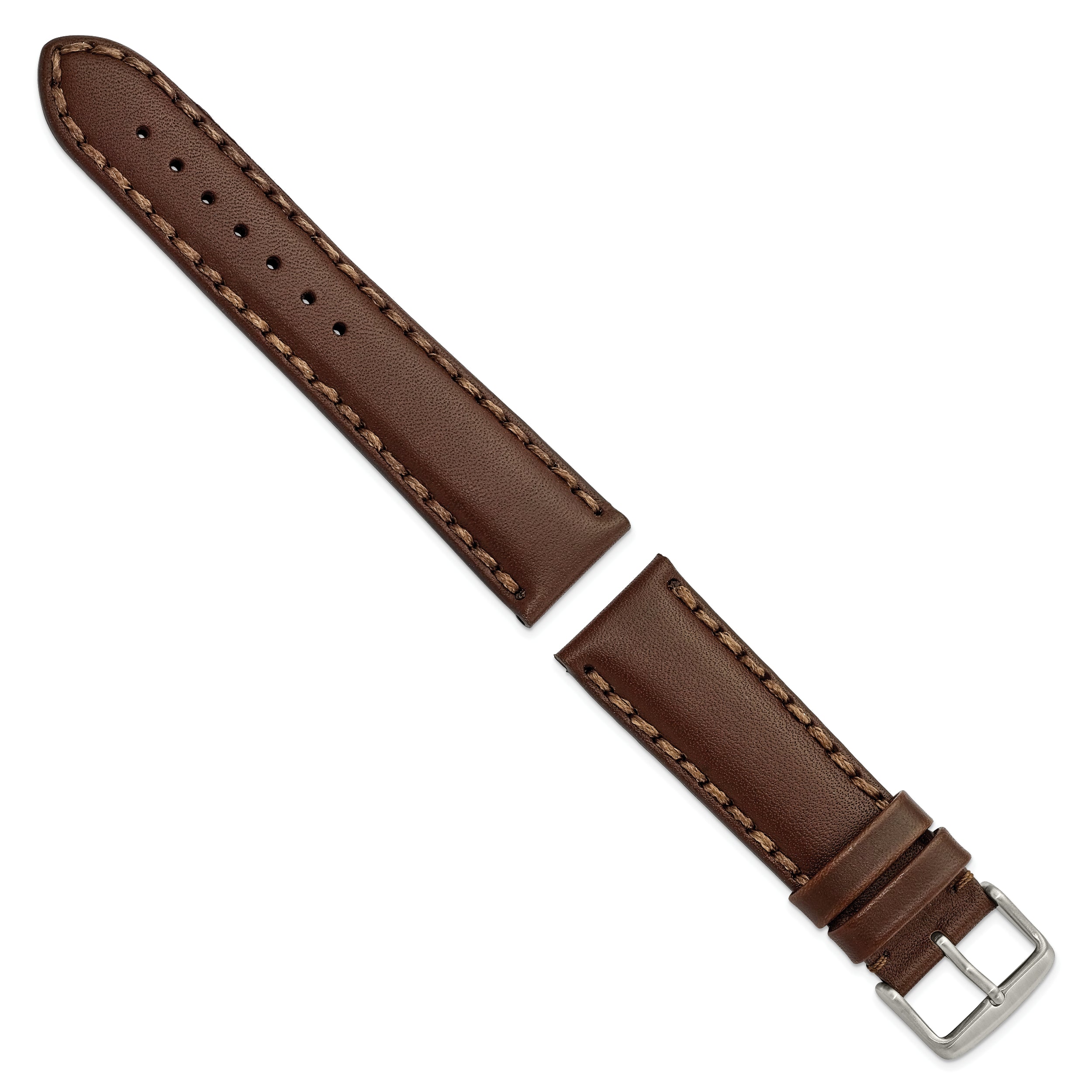 22mm Dark Brown Hand Stitched Oil Leather with Brushed Stainless Steel Buckle 7.5 inch Watch Band