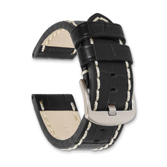 24mm Black Matte Alligator Grain Leather with White Stitching and Silver-tone Panerai Style Buckle 8 inch Watch Band