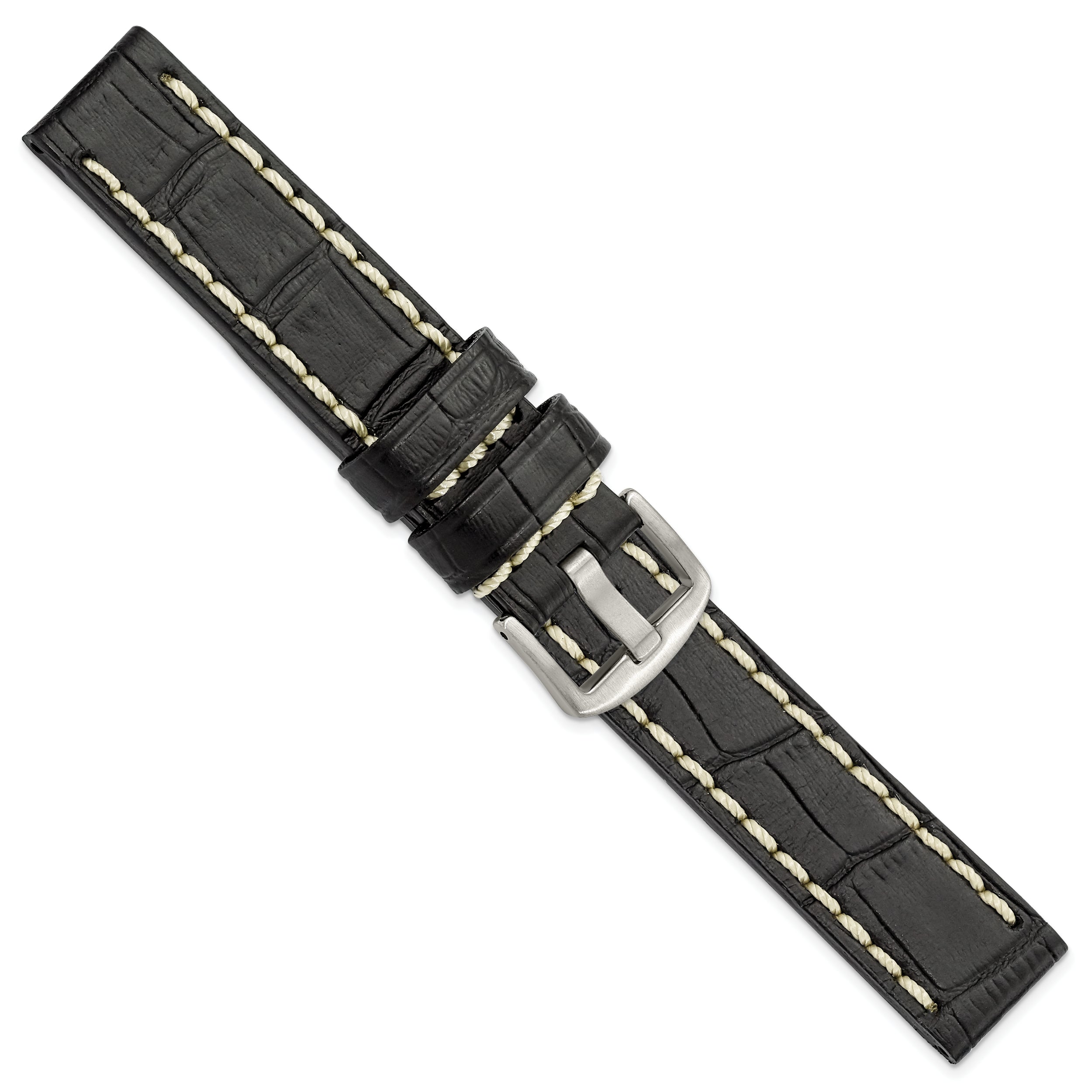 18mm Black Matte Alligator Grain Leather with White Stitching and Silver-tone Panerai Style Buckle 8 inch Watch Band