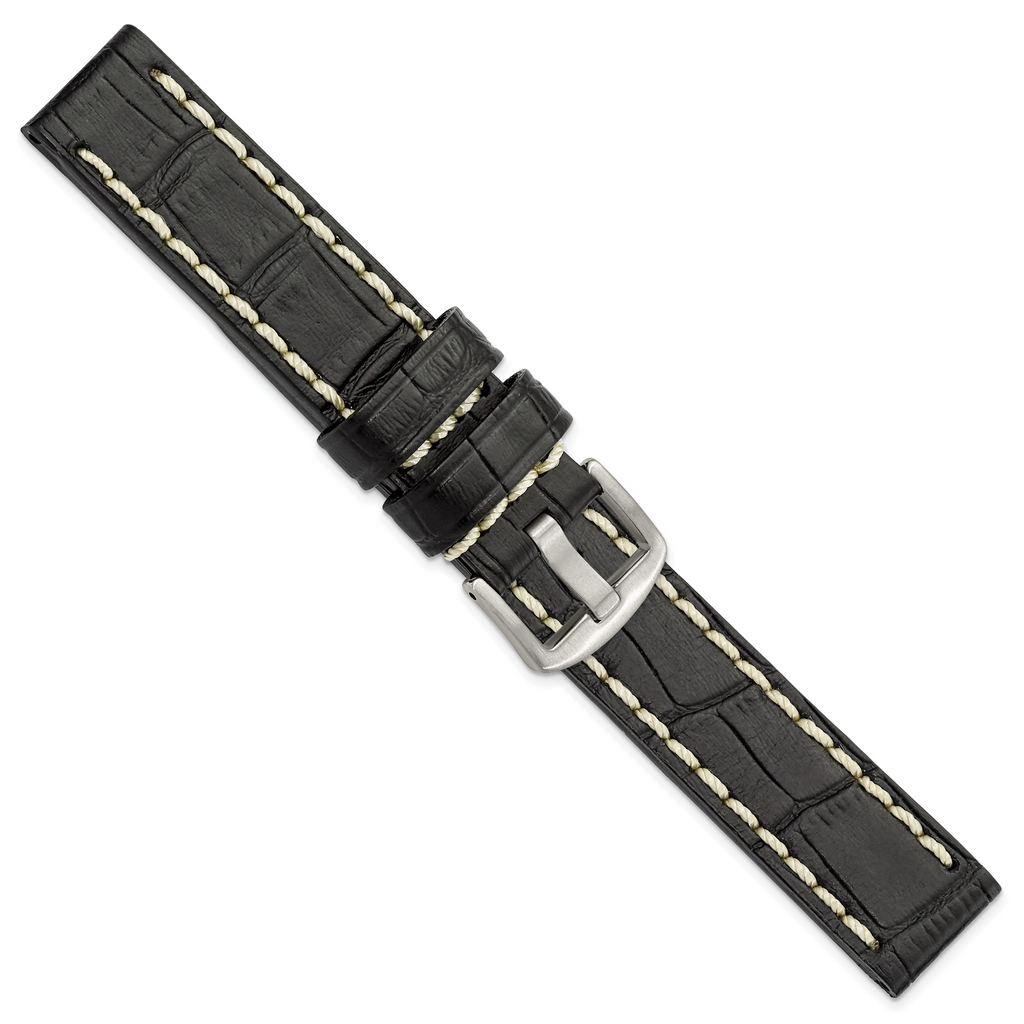 18mm Black Matte Alligator Grain Leather with White Stitching and Silver-tone Panerai Style Buckle 8 inch Watch Band