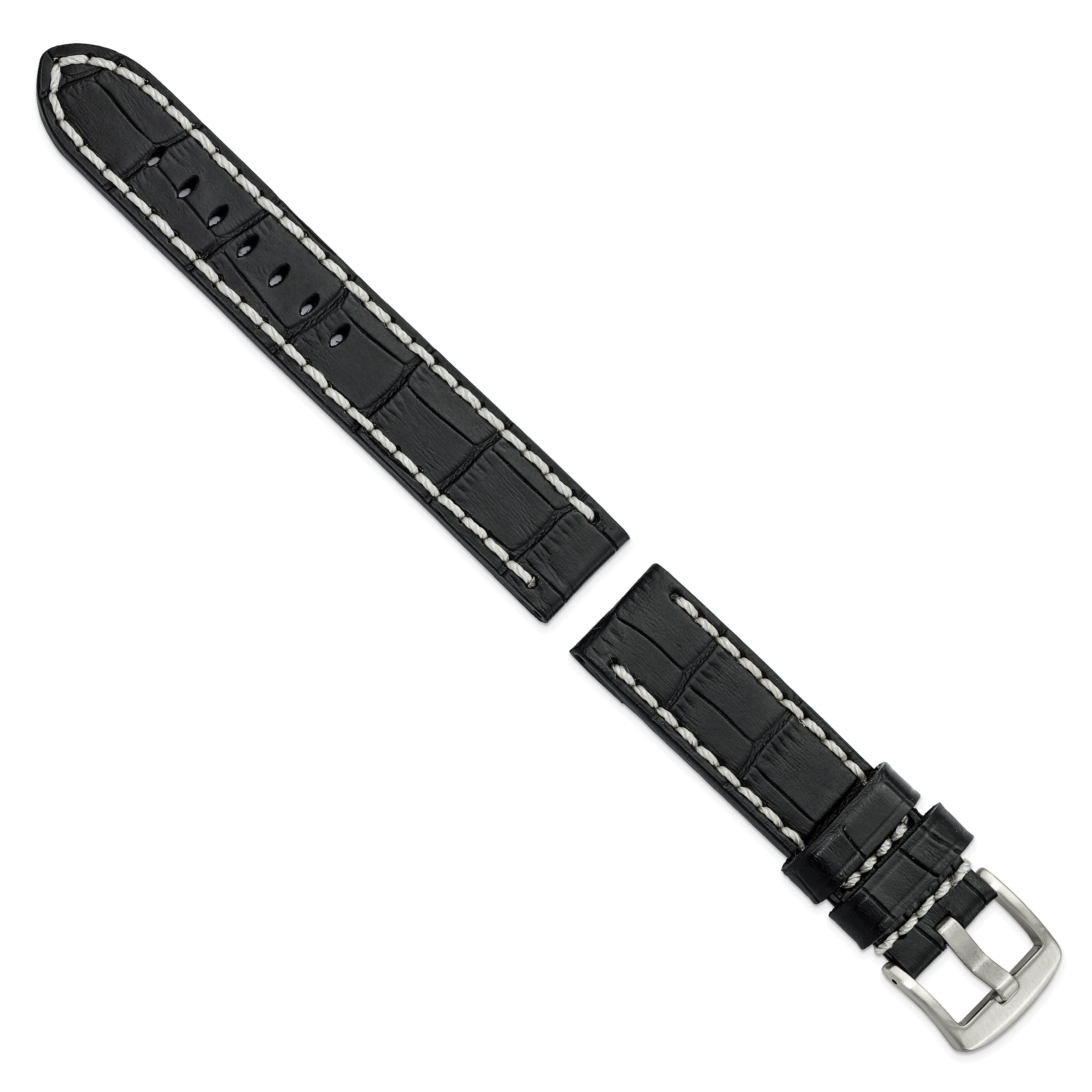 20mm Black Matte Alligator Grain Leather with White Stitching and Silver-tone Panerai Style Buckle 8 inch Watch Band