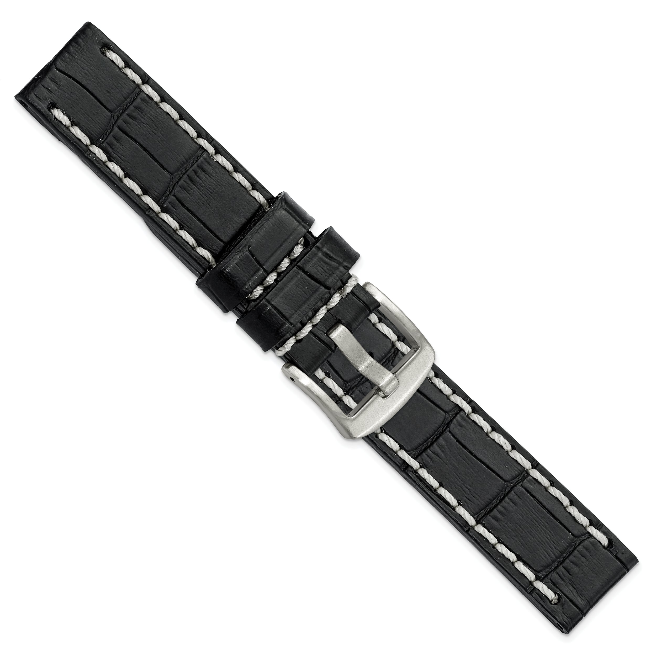 20mm Black Matte Alligator Grain Leather with White Stitching and Silver-tone Panerai Style Buckle 8 inch Watch Band