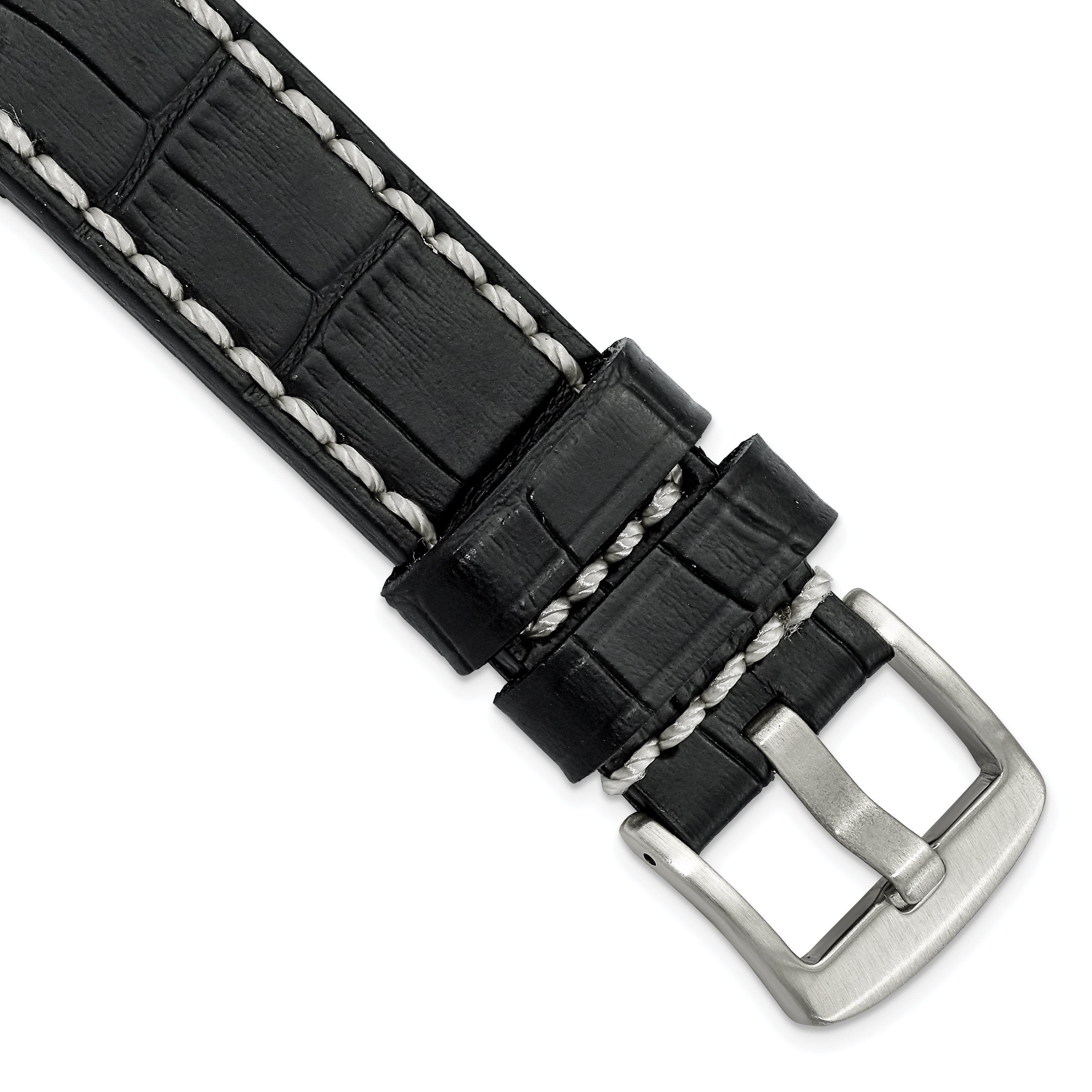 20mm Black Matte Alligator Grain Leather with White Stitching and Silver-tone Panerai Style Buckle 8 inch Watch Band