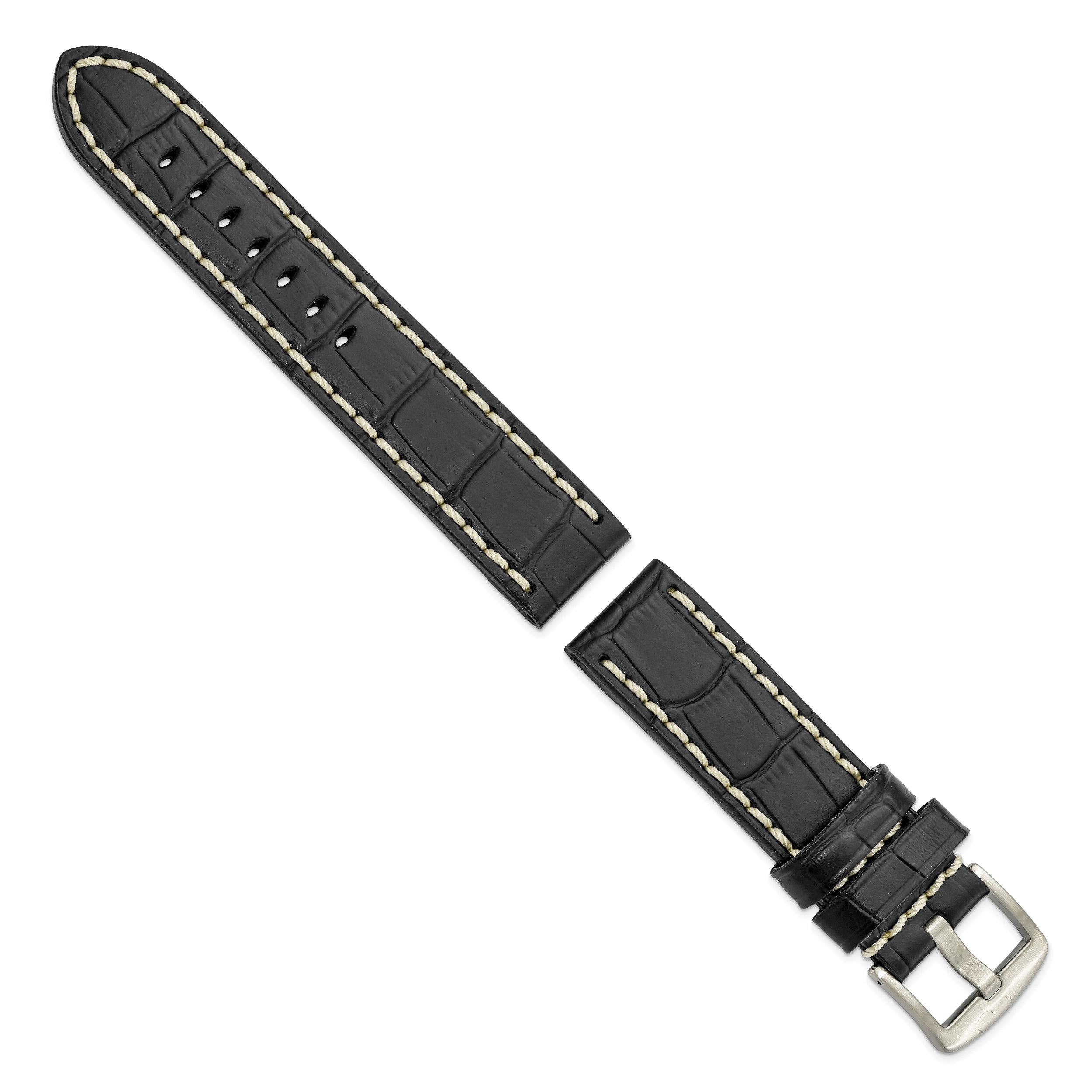 22mm Black Matte Alligator Grain Leather with White Stitching and Silver-tone Panerai Style Buckle 8 inch Watch Band