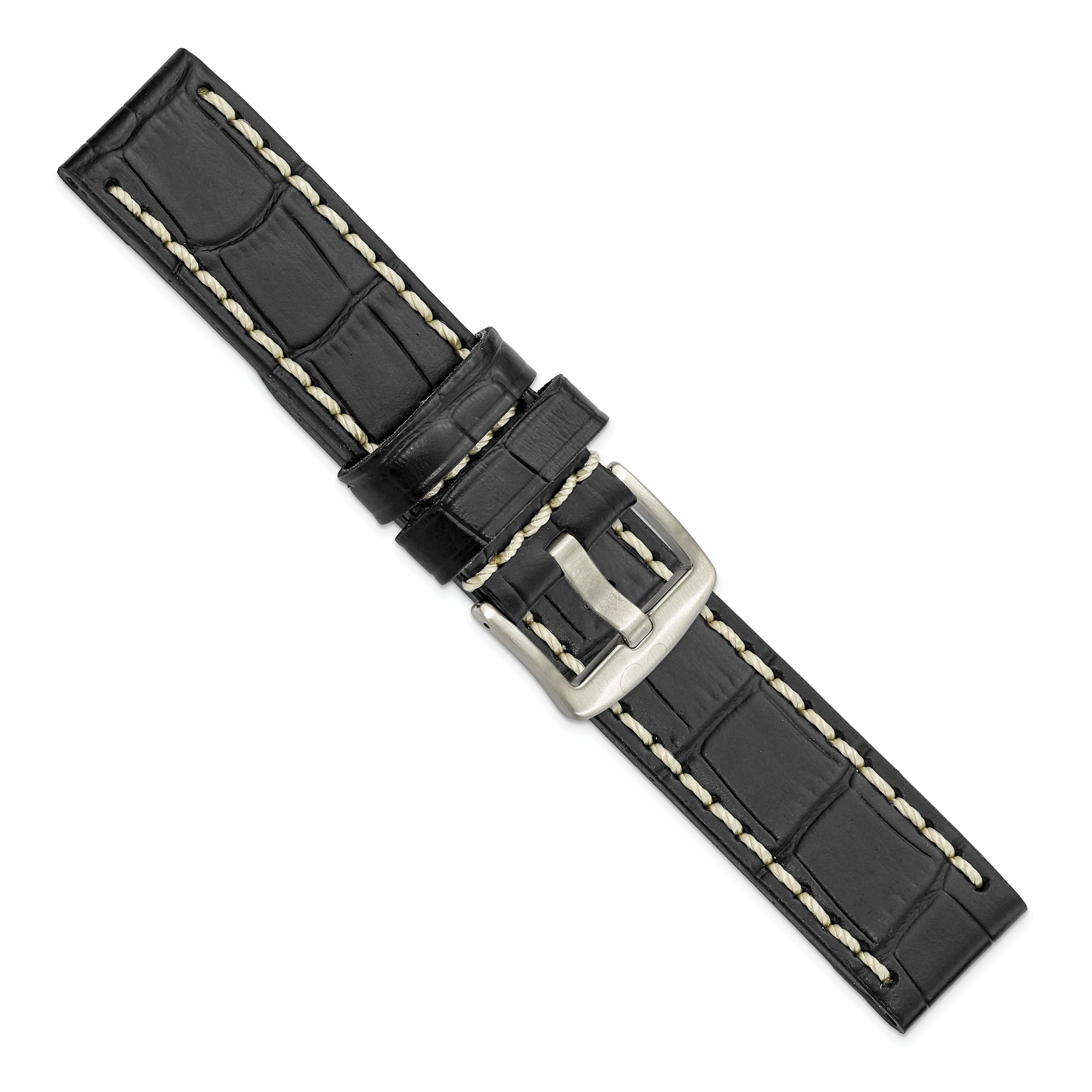 22mm Black Matte Alligator Grain Leather with White Stitching and Silver-tone Panerai Style Buckle 8 inch Watch Band