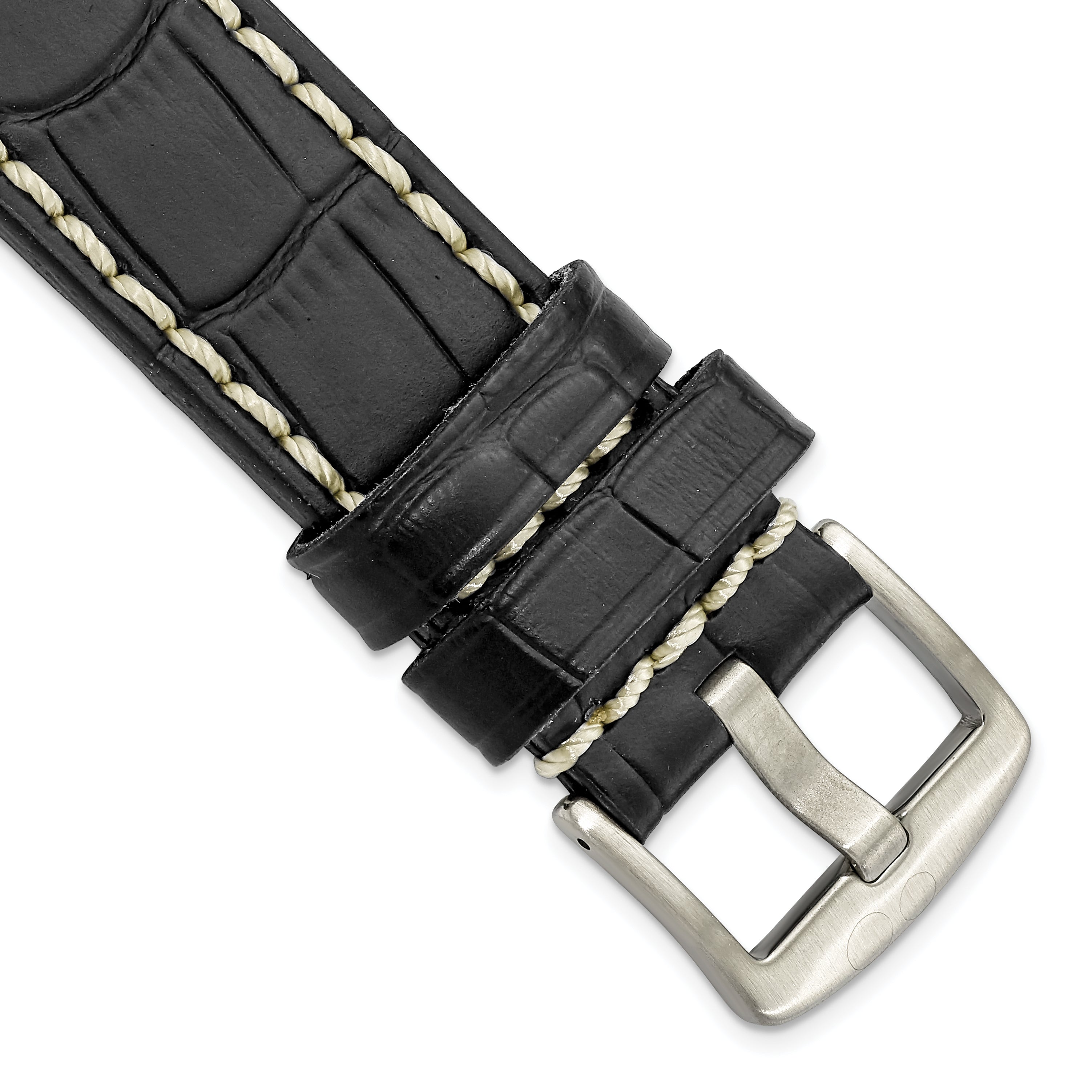 22mm Black Matte Alligator Grain Leather with White Stitching and Silver-tone Panerai Style Buckle 8 inch Watch Band