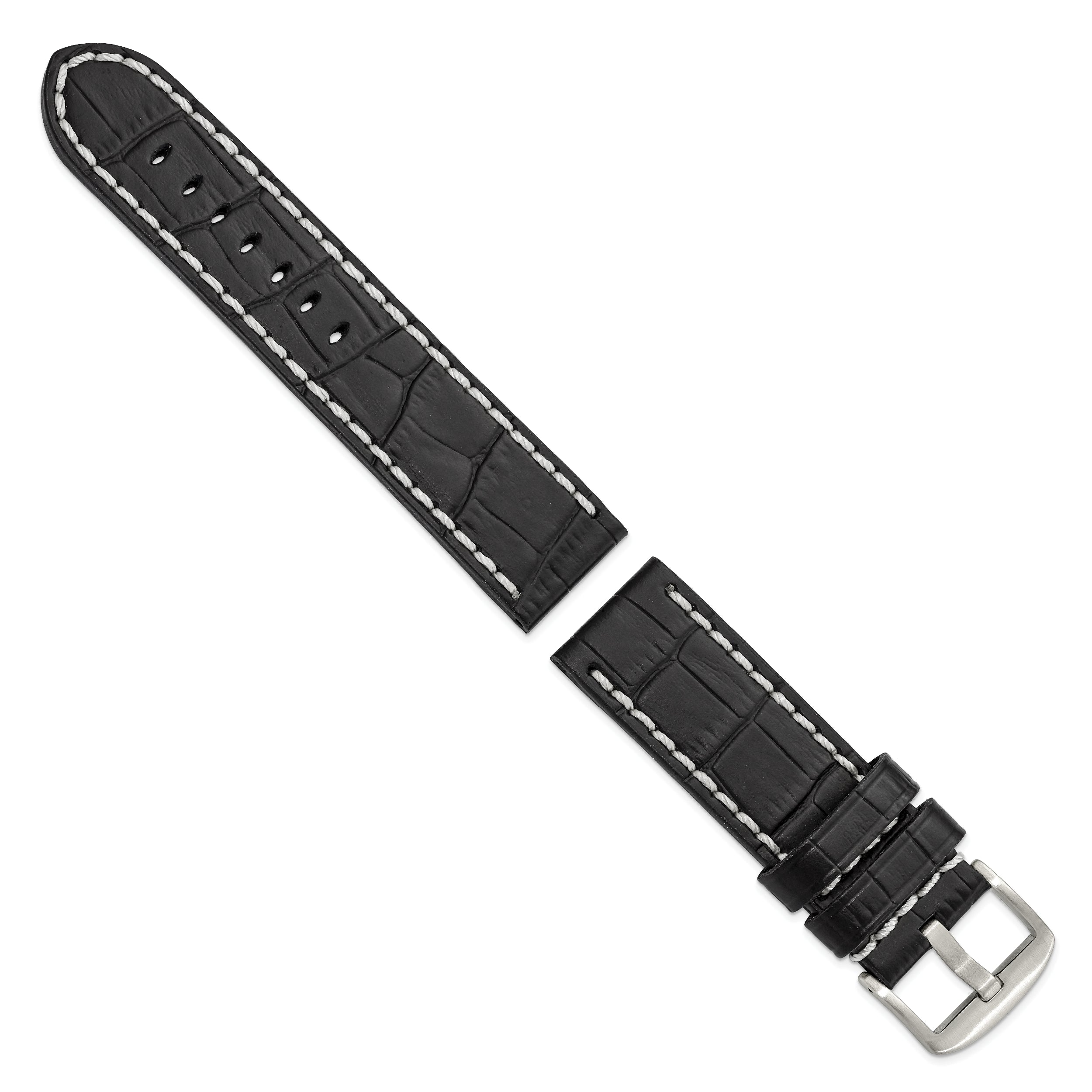24mm Black Matte Alligator Grain Leather with White Stitching and Silver-tone Panerai Style Buckle 8 inch Watch Band