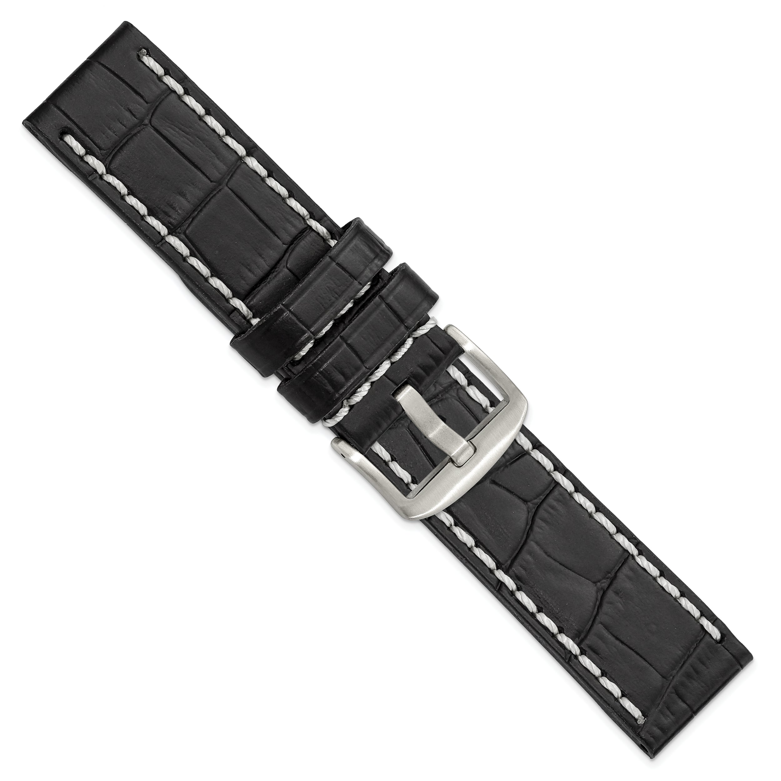 24mm Black Matte Alligator Grain Leather with White Stitching and Silver-tone Panerai Style Buckle 8 inch Watch Band