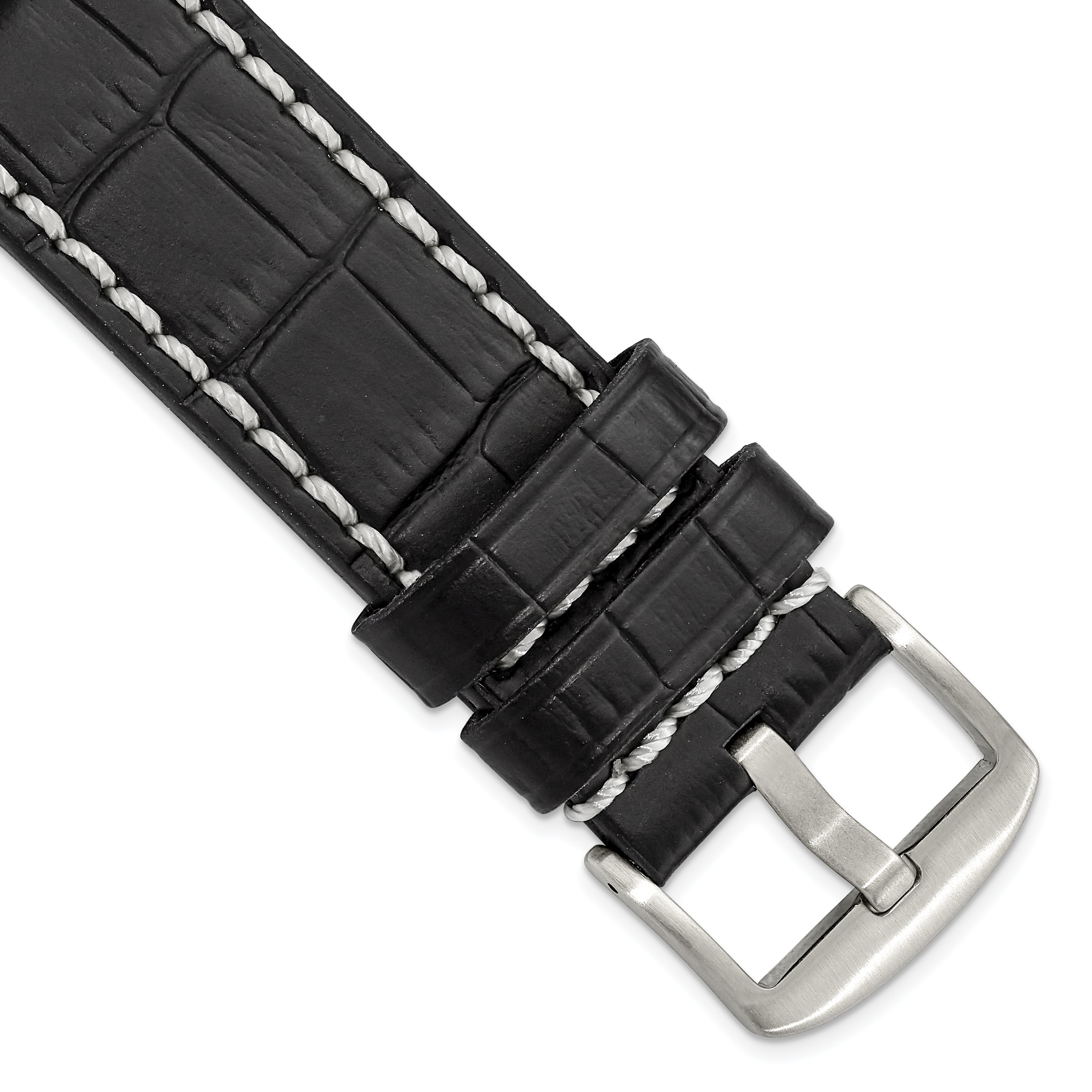 24mm Black Matte Alligator Grain Leather with White Stitching and Silver-tone Panerai Style Buckle 8 inch Watch Band