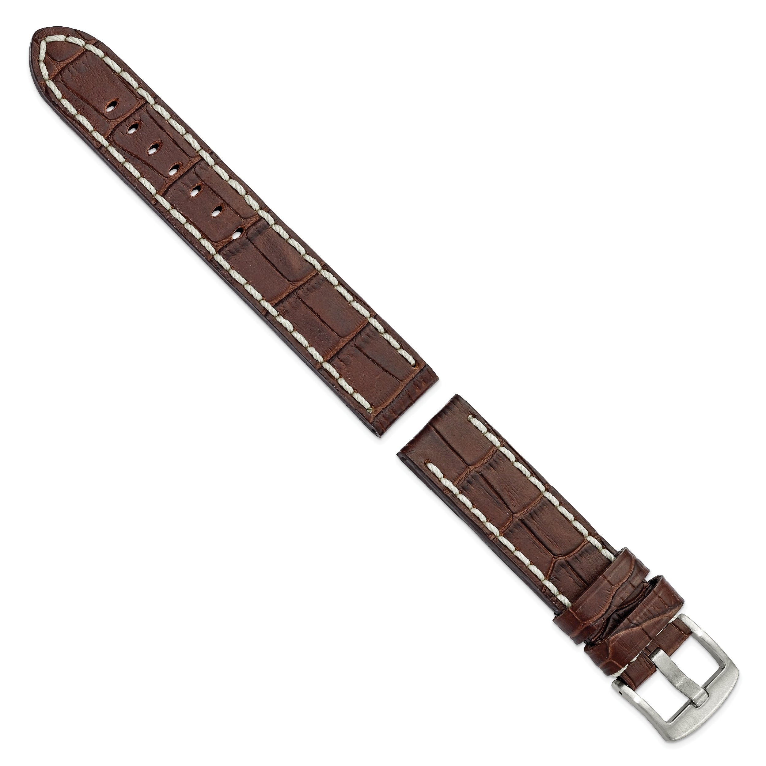 20mm Brown Matte Alligator Grain Leather with White Stitching and Silver-tone Panerai Style Buckle 8 inch Watch Band