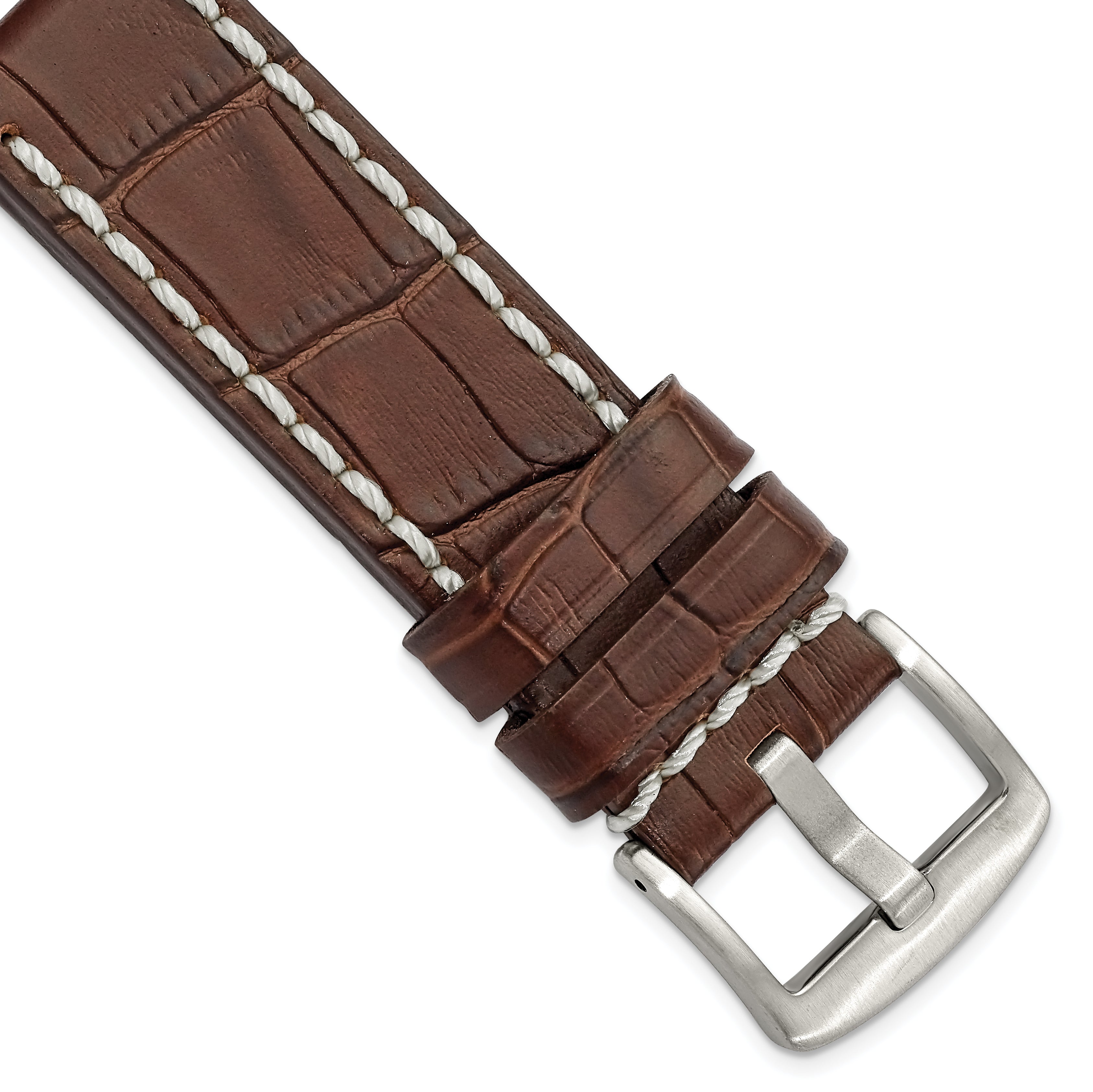 22mm Brown Matte Alligator Grain Leather with White Stitching and Silver-tone Panerai Style Buckle 8 inch Watch Band