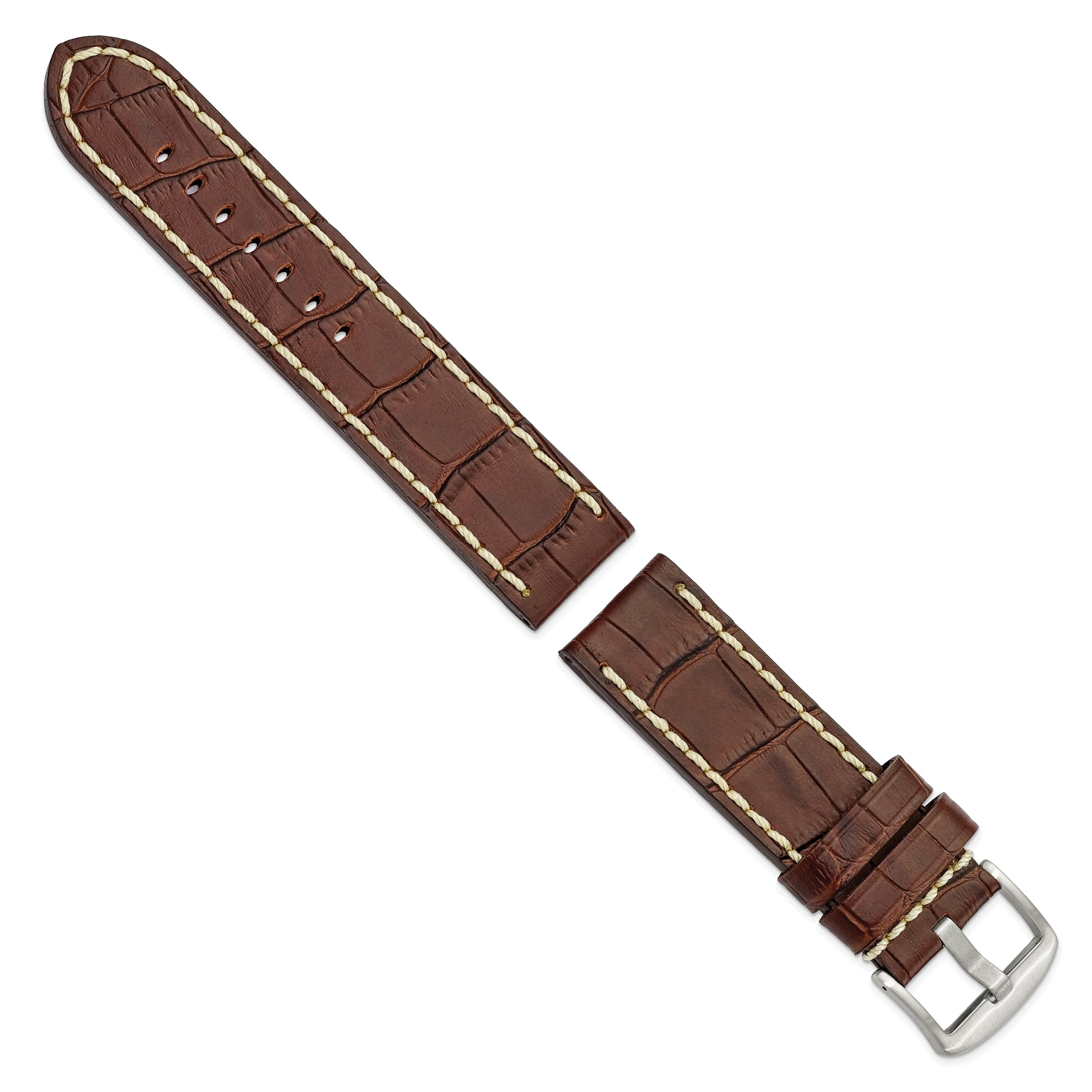 24mm Brown Matte Alligator Grain Leather with White Stitching and Silver-tone Panerai Style Buckle 8 inch Watch Band
