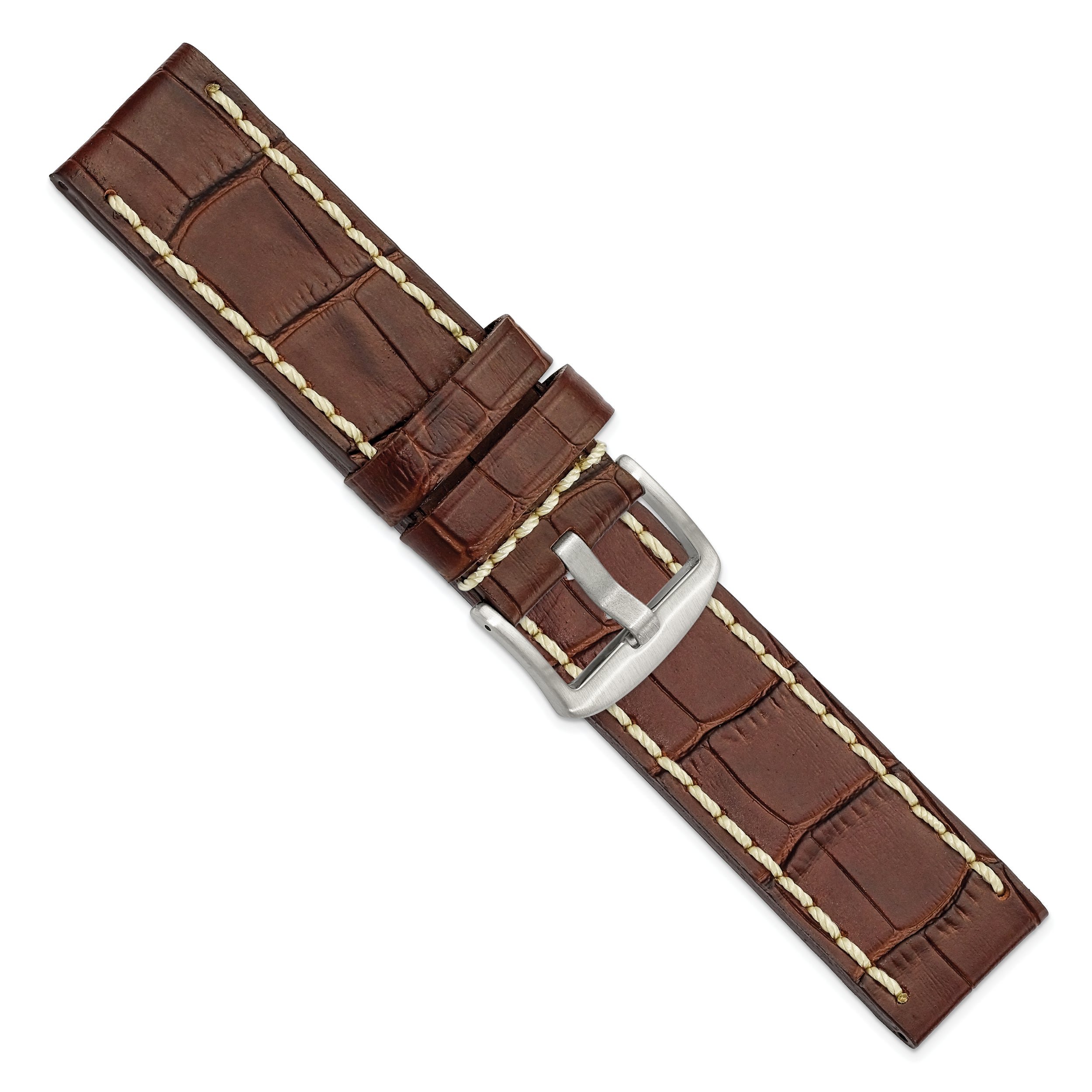 24mm Brown Matte Alligator Grain Leather with White Stitching and Silver-tone Panerai Style Buckle 8 inch Watch Band