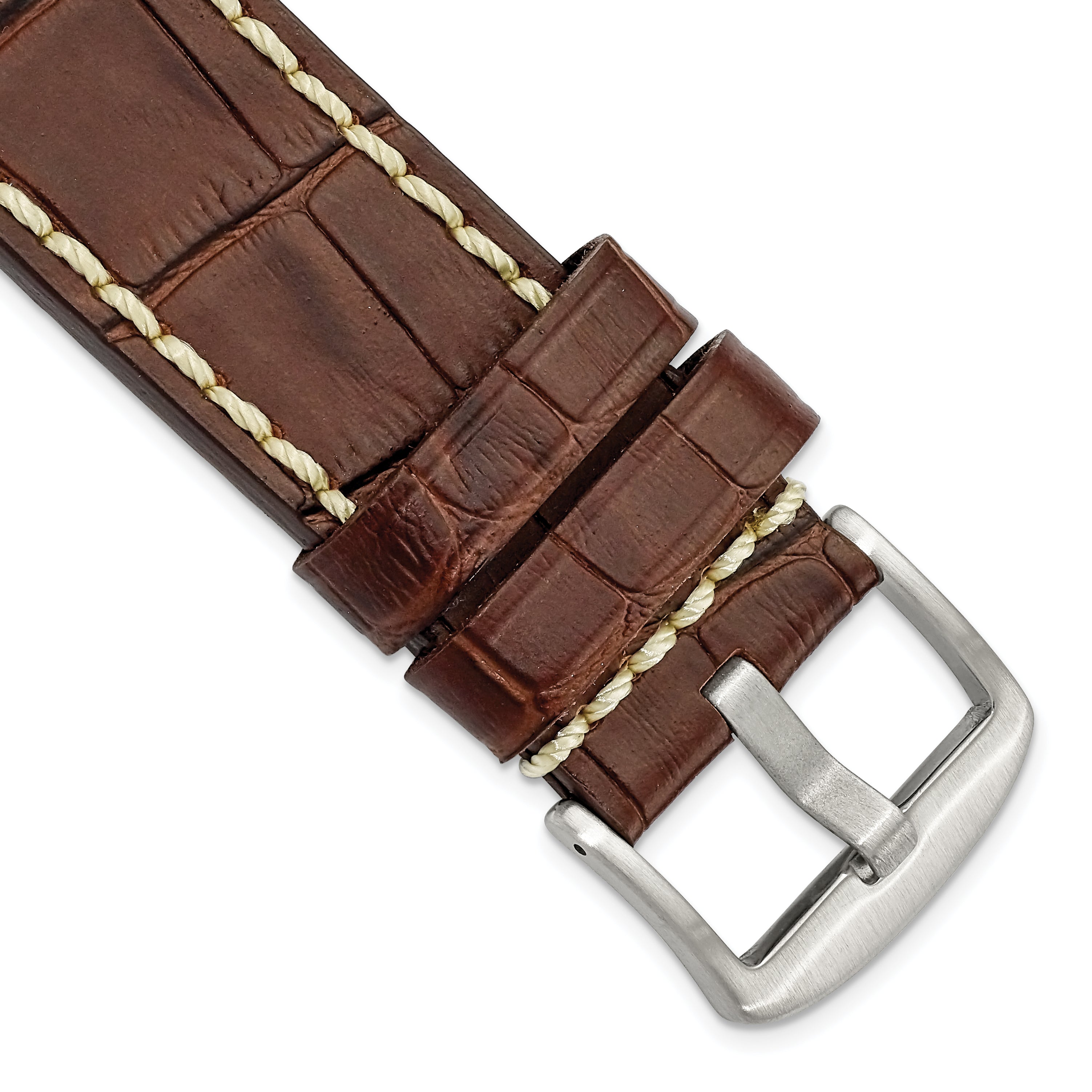 24mm Brown Matte Alligator Grain Leather with White Stitching and Silver-tone Panerai Style Buckle 8 inch Watch Band
