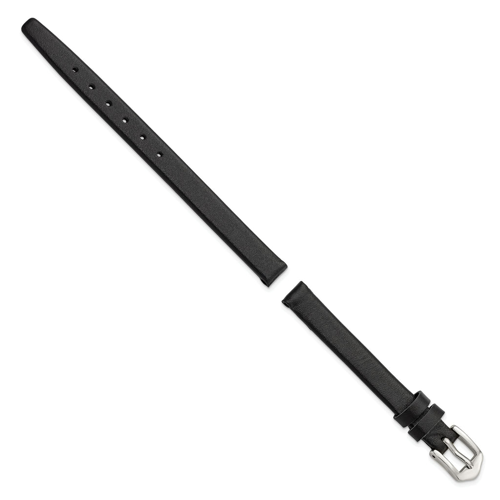 Black Calfskin Leather Watch Band with Silver-Tone Buckle, 10mm - Sophia Jewelers