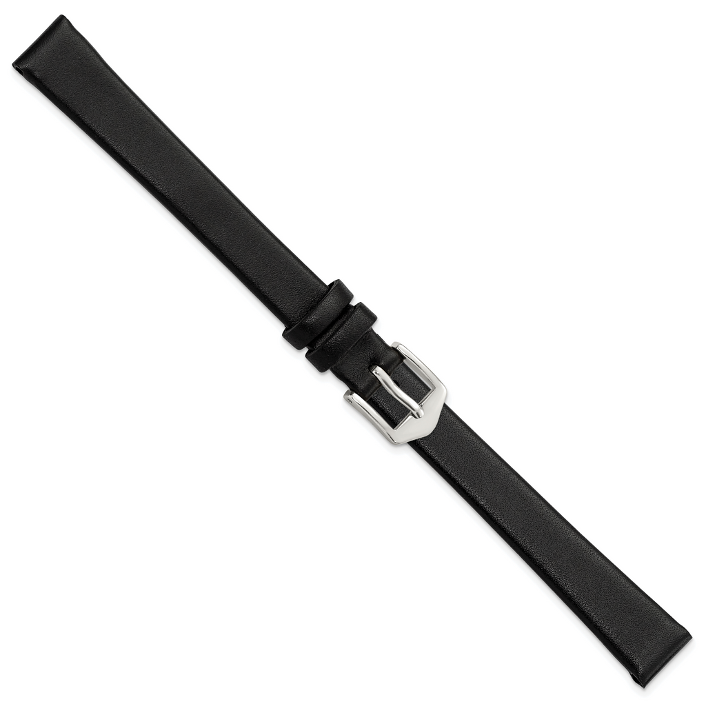 10mm Extra-Long Black Classic Calfskin Leather with Silver-tone Aluminum Buckle 7.9 inch Watch Band