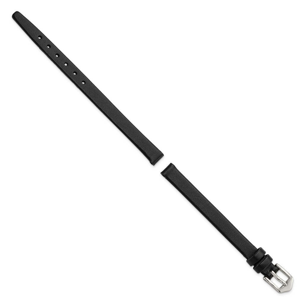 Long 8mm Black Calfskin Leather with Silver-tone Aluminum Buckle 7.8 inch Watch Band