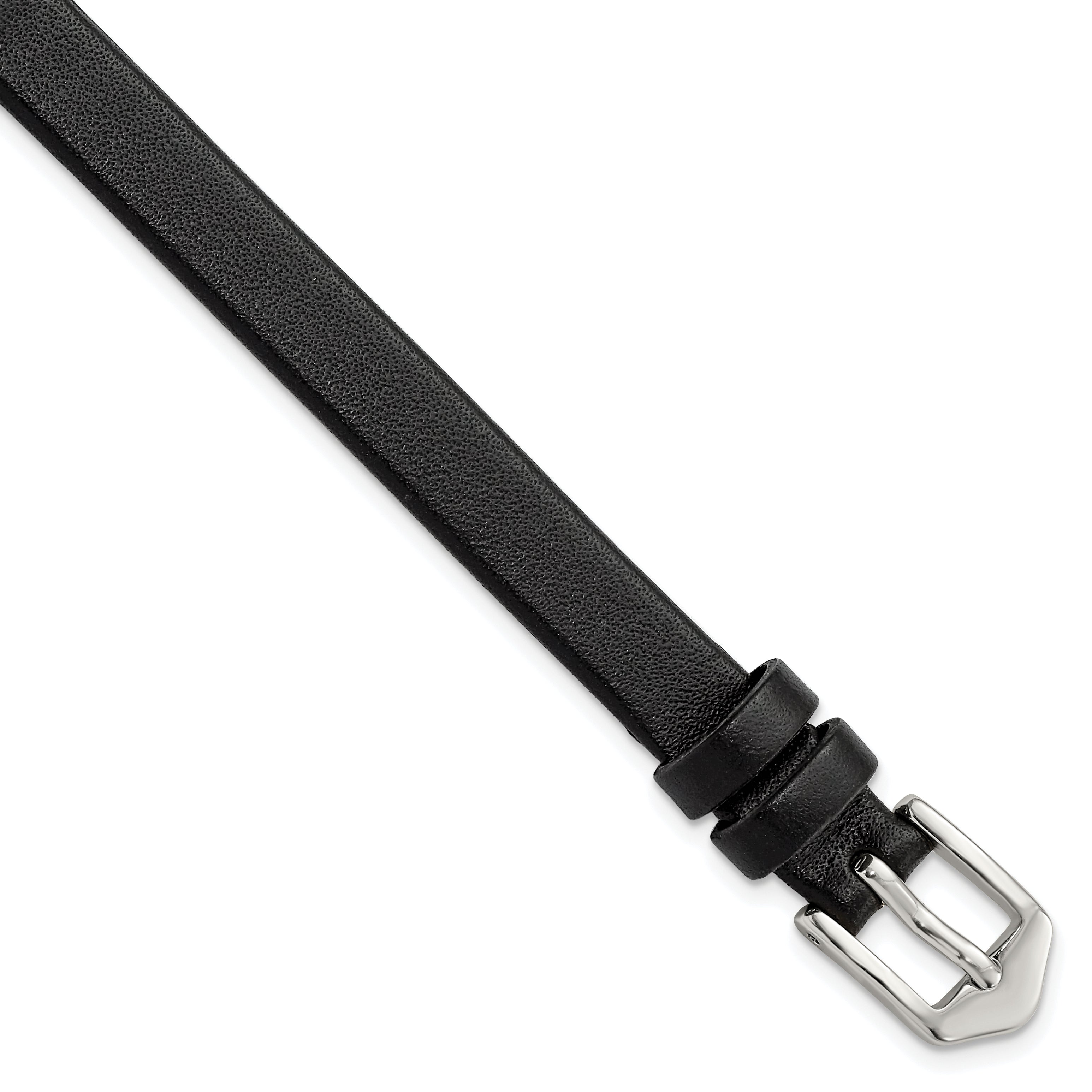 Long 8mm Black Calfskin Leather with Silver-tone Aluminum Buckle 7.8 inch Watch Band