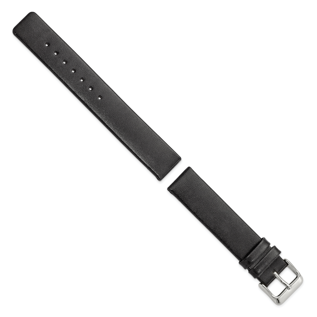 18mm Black Italian Calfskin Leather with Square End Silver-tone Buckle 7.75 inch Watch Band