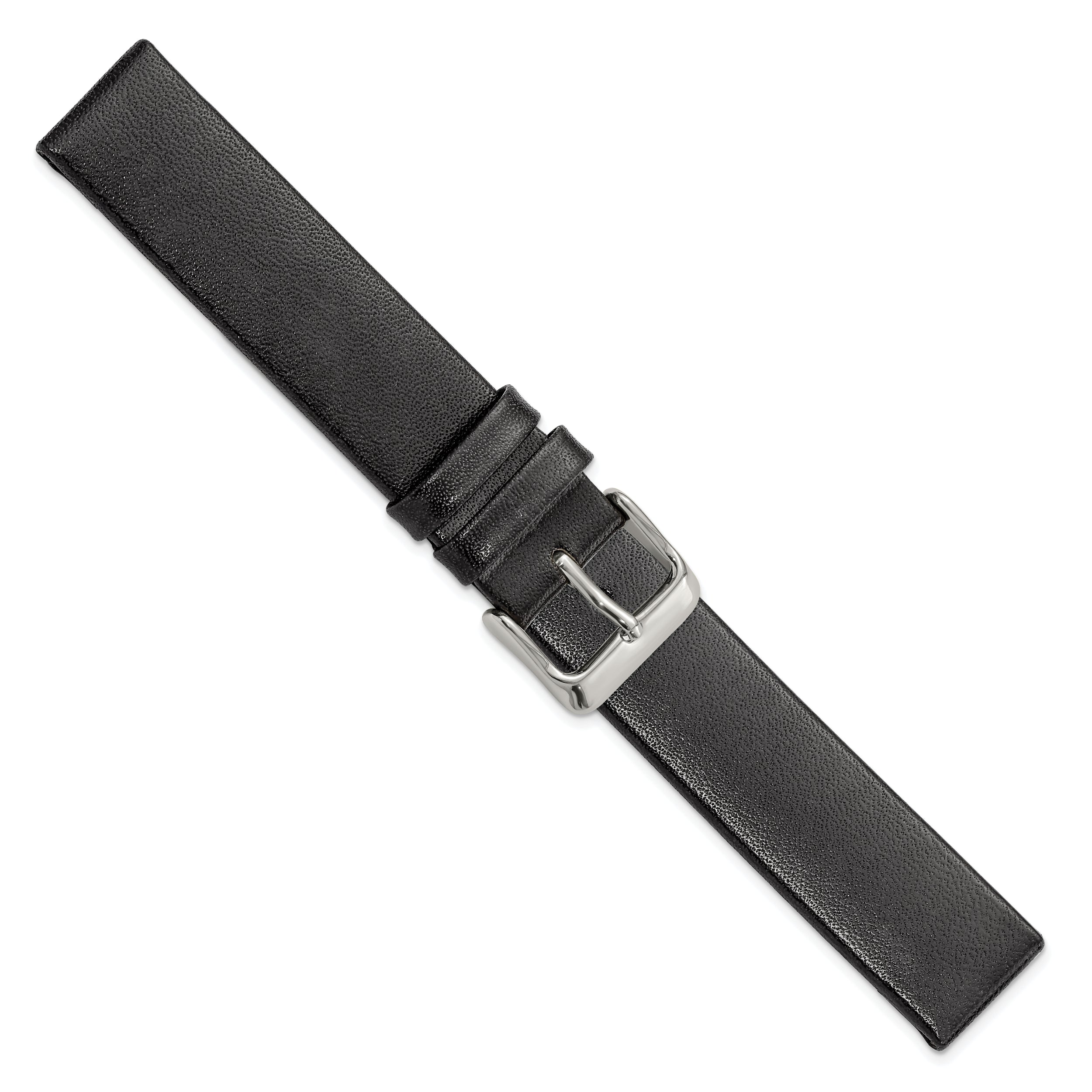 18mm Black Italian Calfskin Leather with Square End Silver-tone Buckle 7.75 inch Watch Band