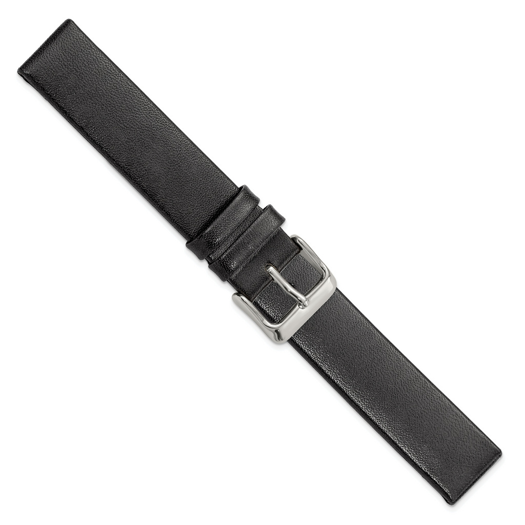 18mm Black Italian Calfskin Leather with Square End Silver-tone Buckle 7.75 inch Watch Band