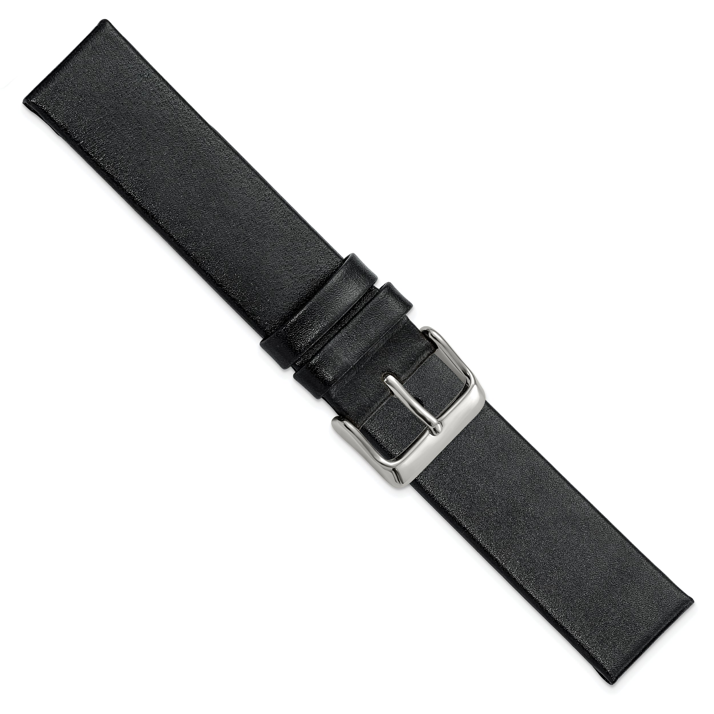 20mm Black Italian Calfskin Leather with Square End Silver-tone Buckle 7.75 inch Watch Band