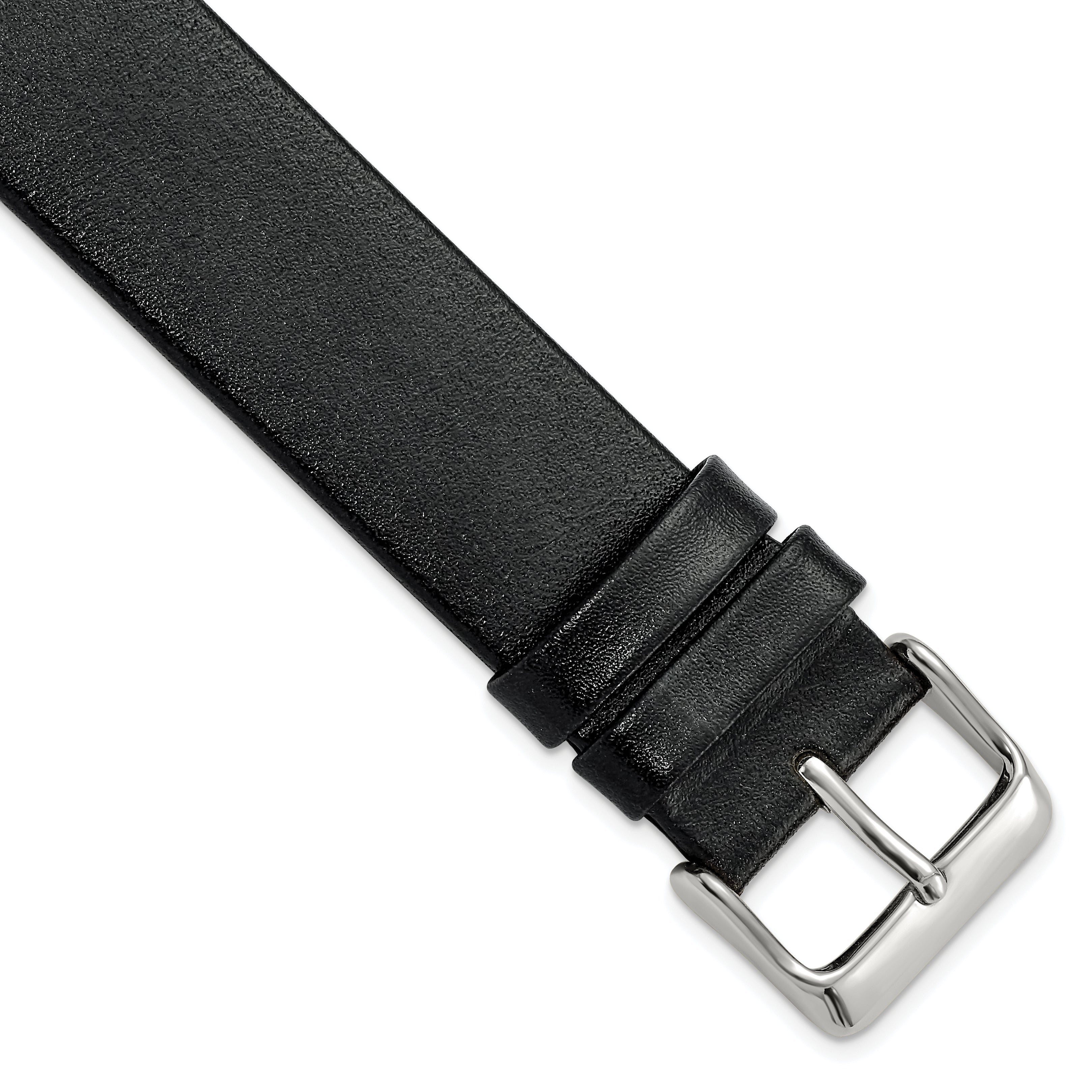 20mm Black Italian Calfskin Leather with Square End Silver-tone Buckle 7.75 inch Watch Band