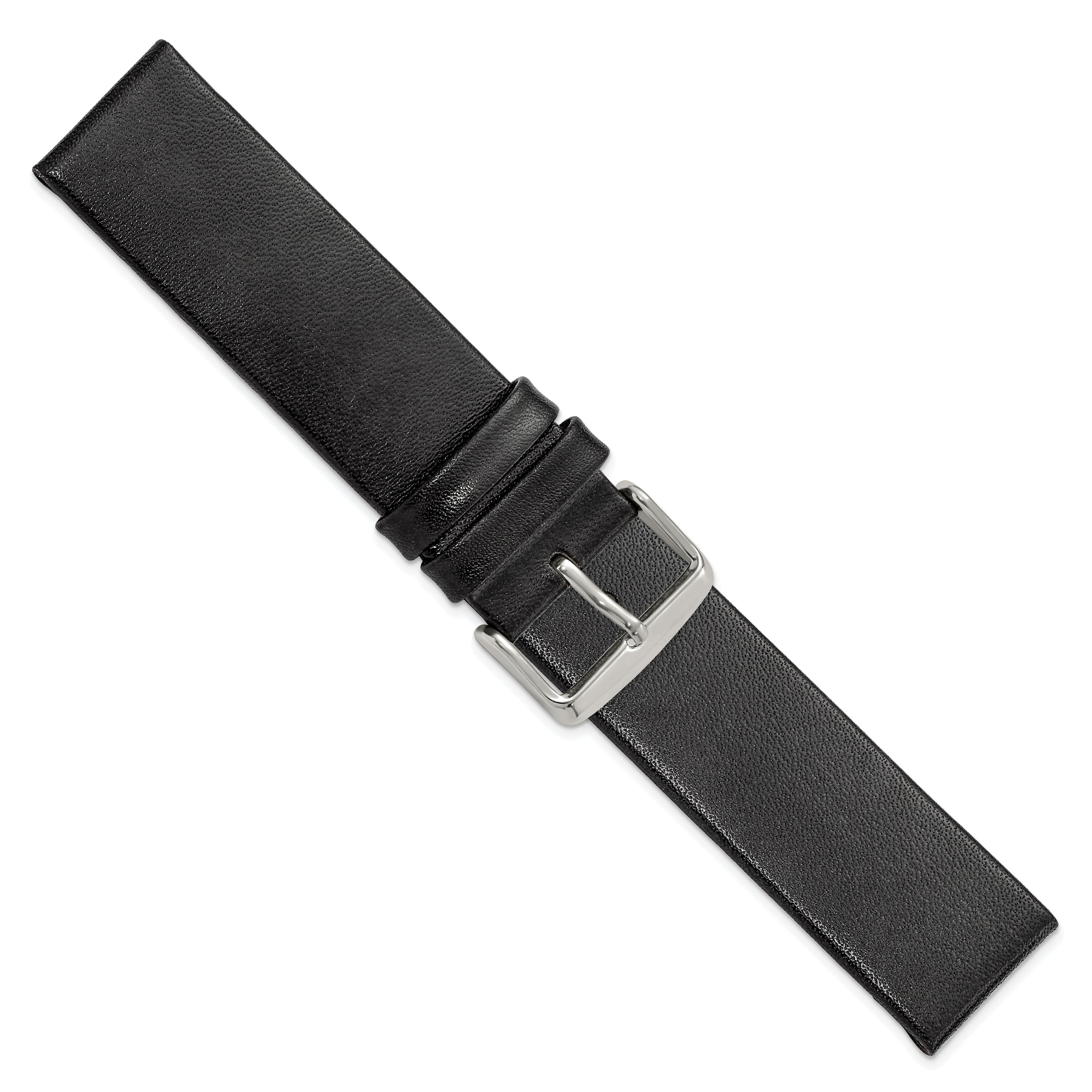 22mm Black Italian Calfskin Leather with Square End Silver-tone Buckle 7.75 inch Watch Band