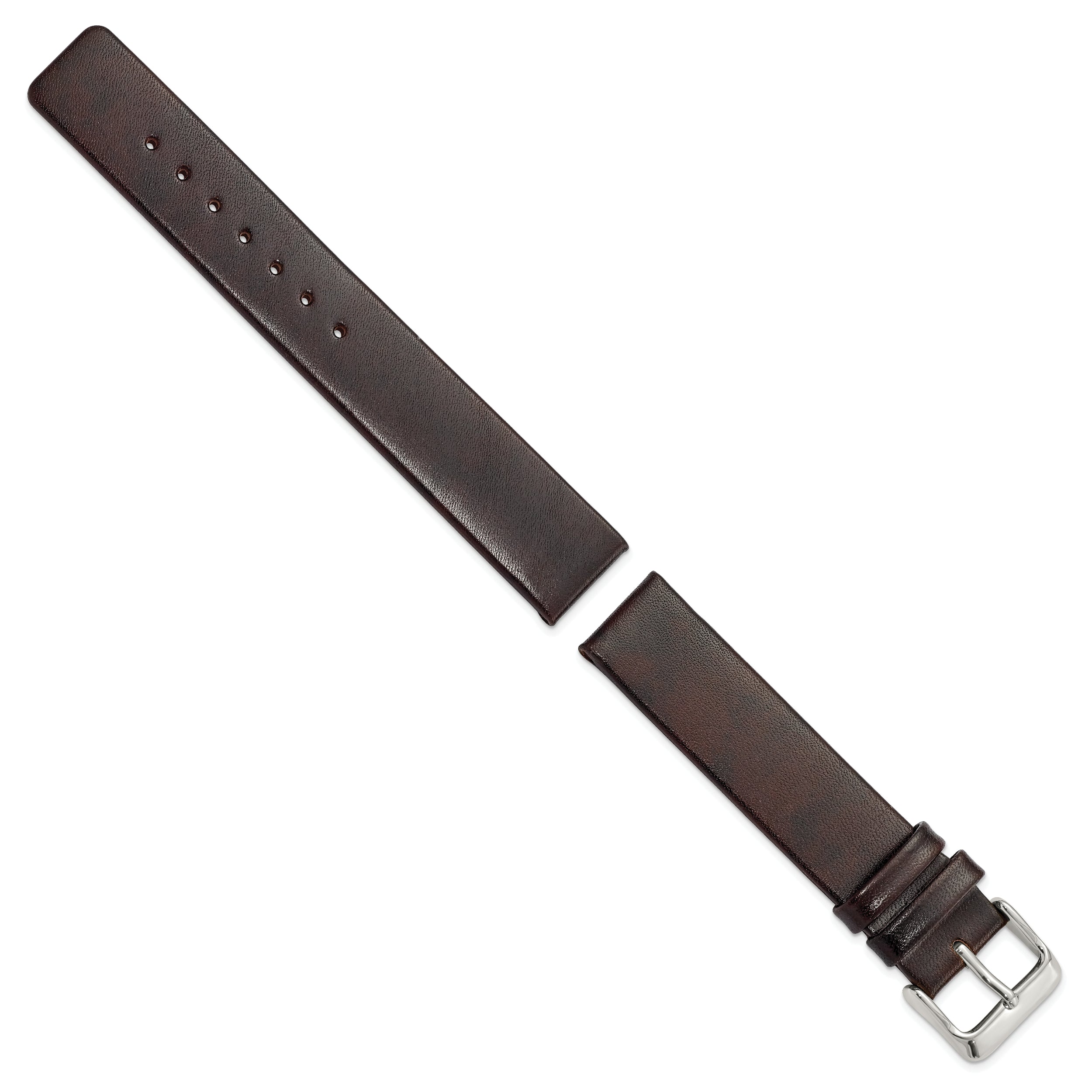 18mm Dark Brown Italian Calfskin Leather with Square End Silver-tone Buckle 7.75 inch Watch Band
