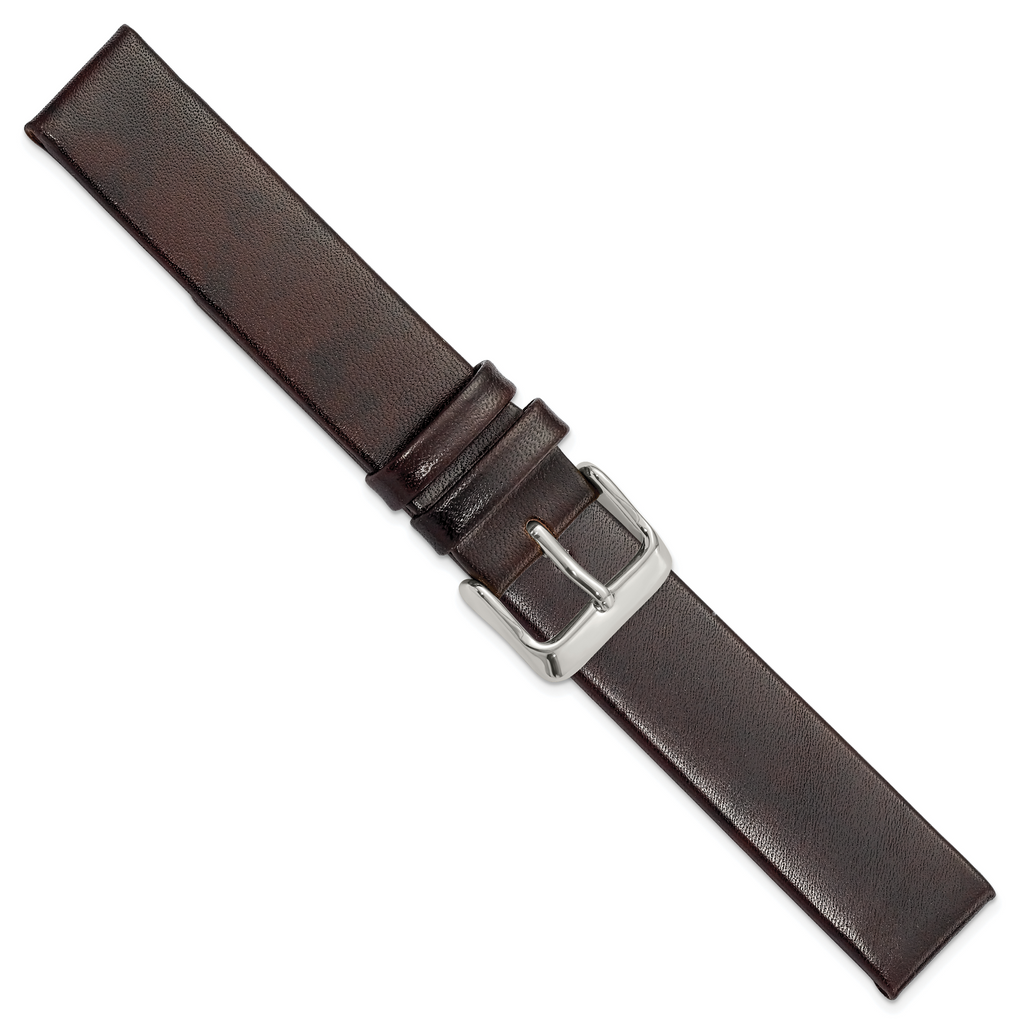 18mm Dark Brown Italian Calfskin Leather with Square End Silver-tone Buckle 7.75 inch Watch Band