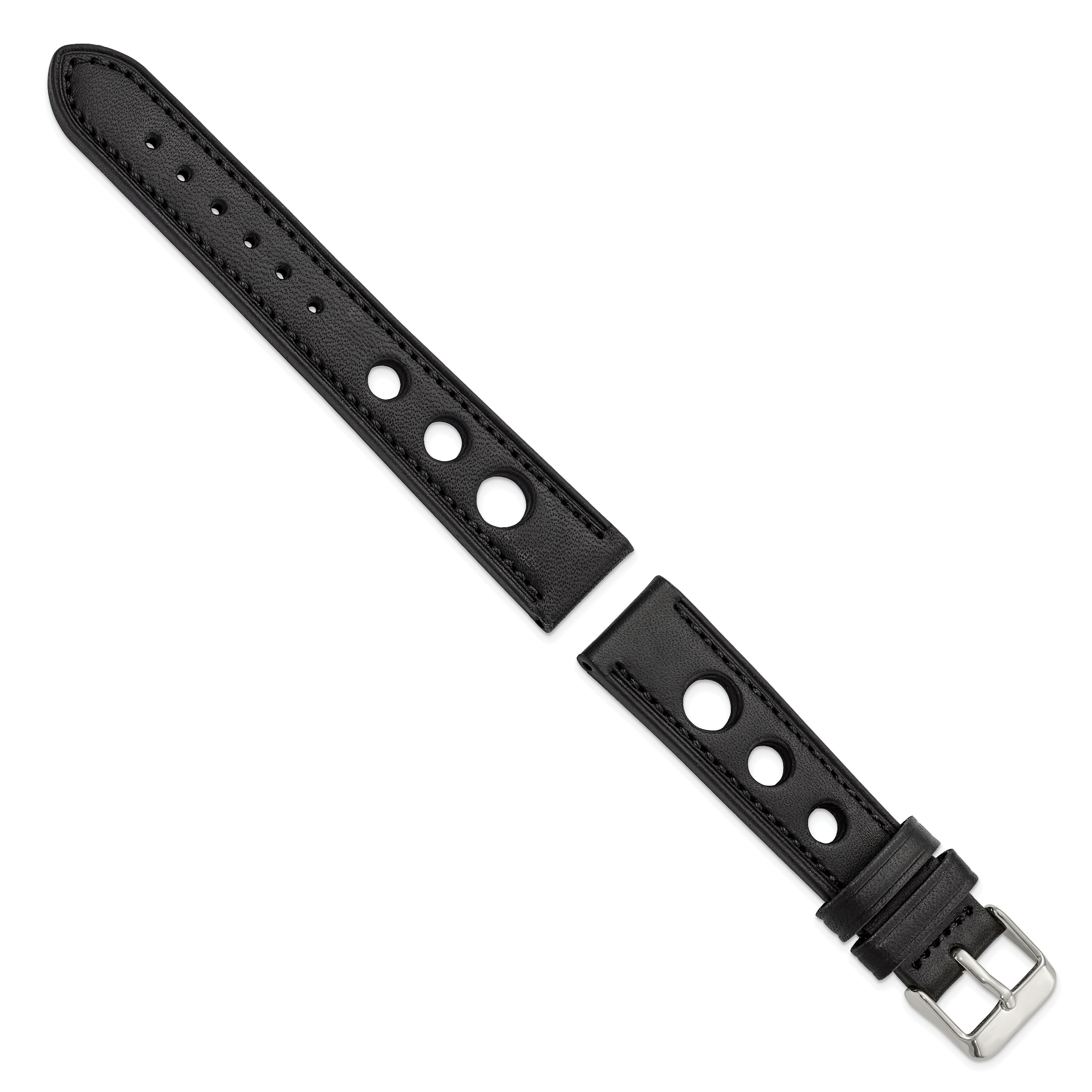 18mm Black Grand Prix Leather with Black Stitching and Silver-tone Buckle 7.5 inch Watch Band