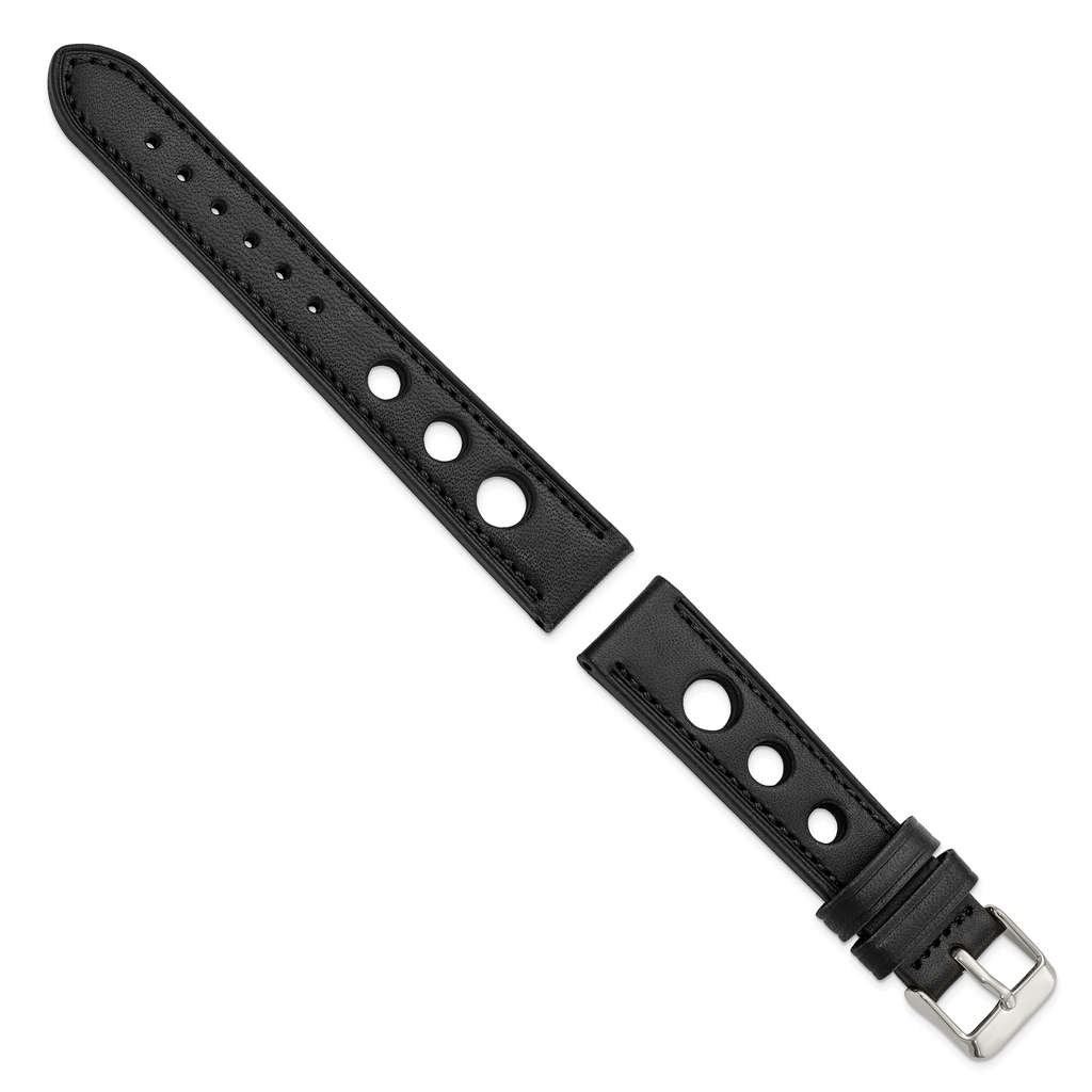 18mm Black Grand Prix Leather with Black Stitching and Silver-tone Buckle 7.5 inch Watch Band
