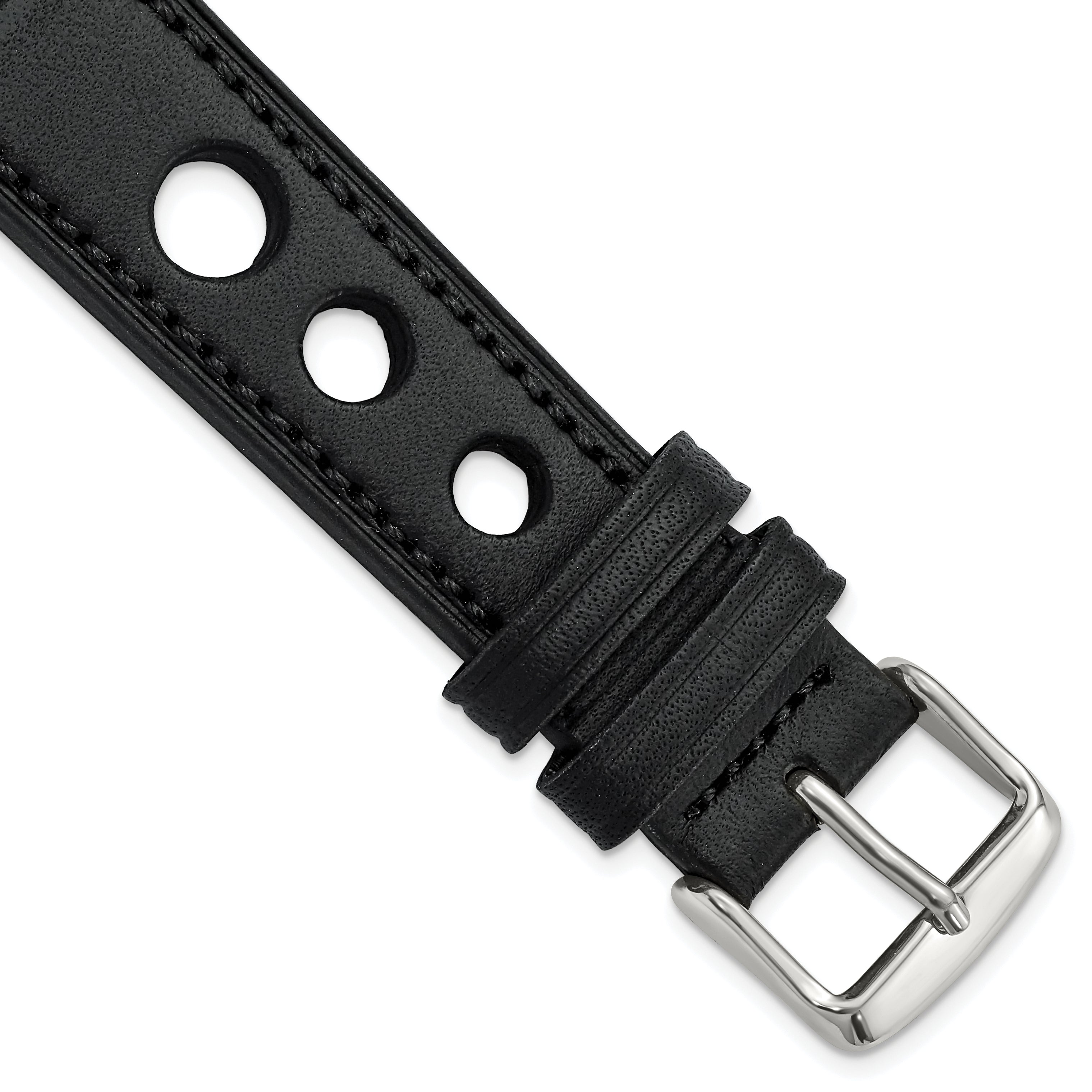 18mm Black Grand Prix Leather with Black Stitching and Silver-tone Buckle 7.5 inch Watch Band