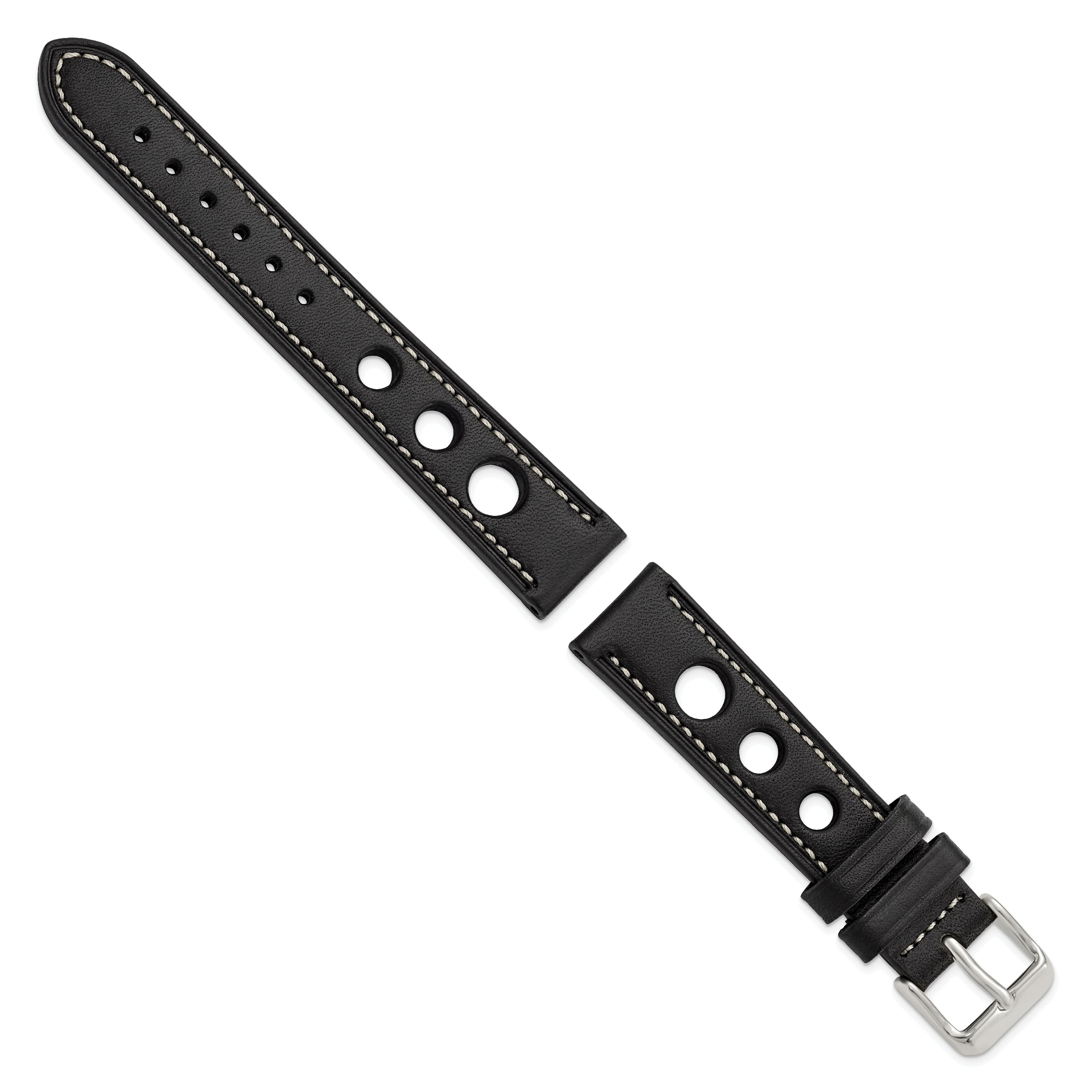 18mm Black Grand Prix Leather with White Stitching and Silver-tone Buckle 7.5 inch Watch Band