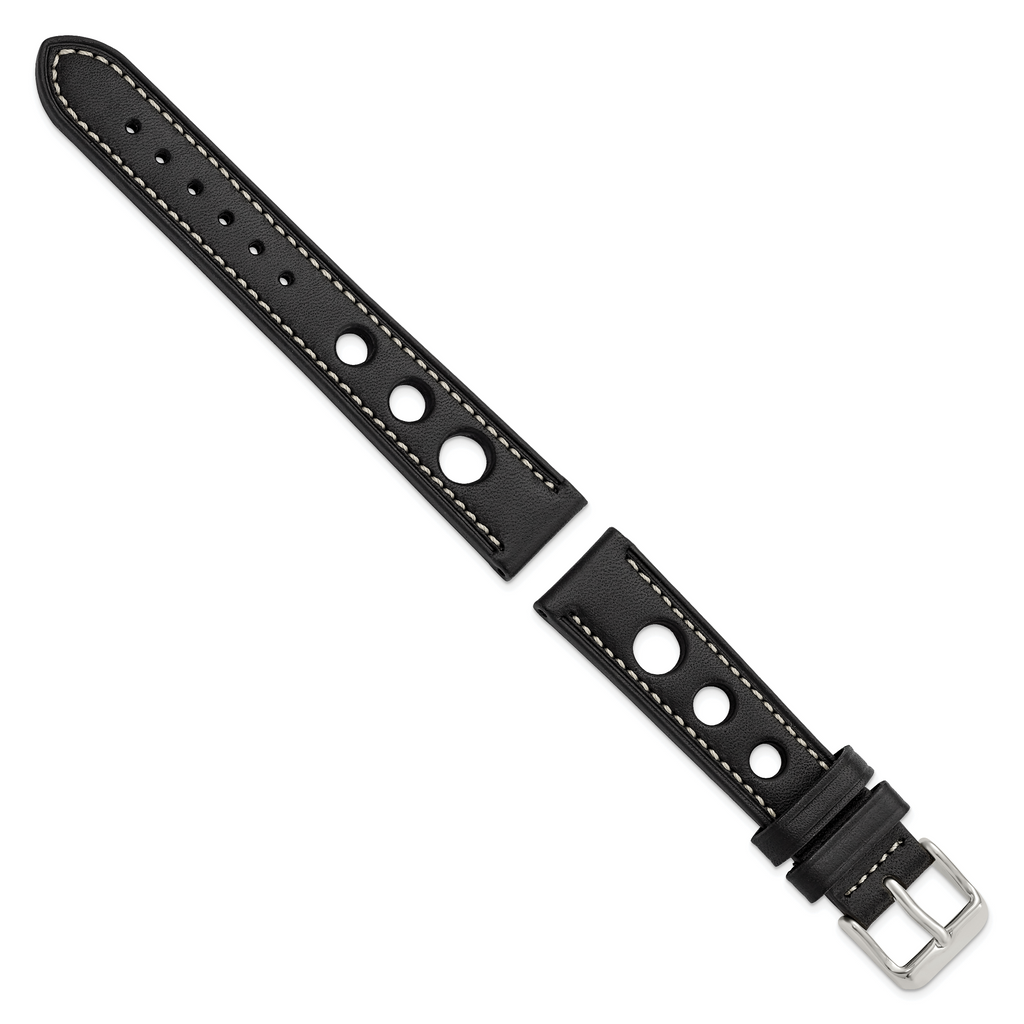 18mm Black Grand Prix Leather with White Stitching and Silver-tone Buckle 7.5 inch Watch Band