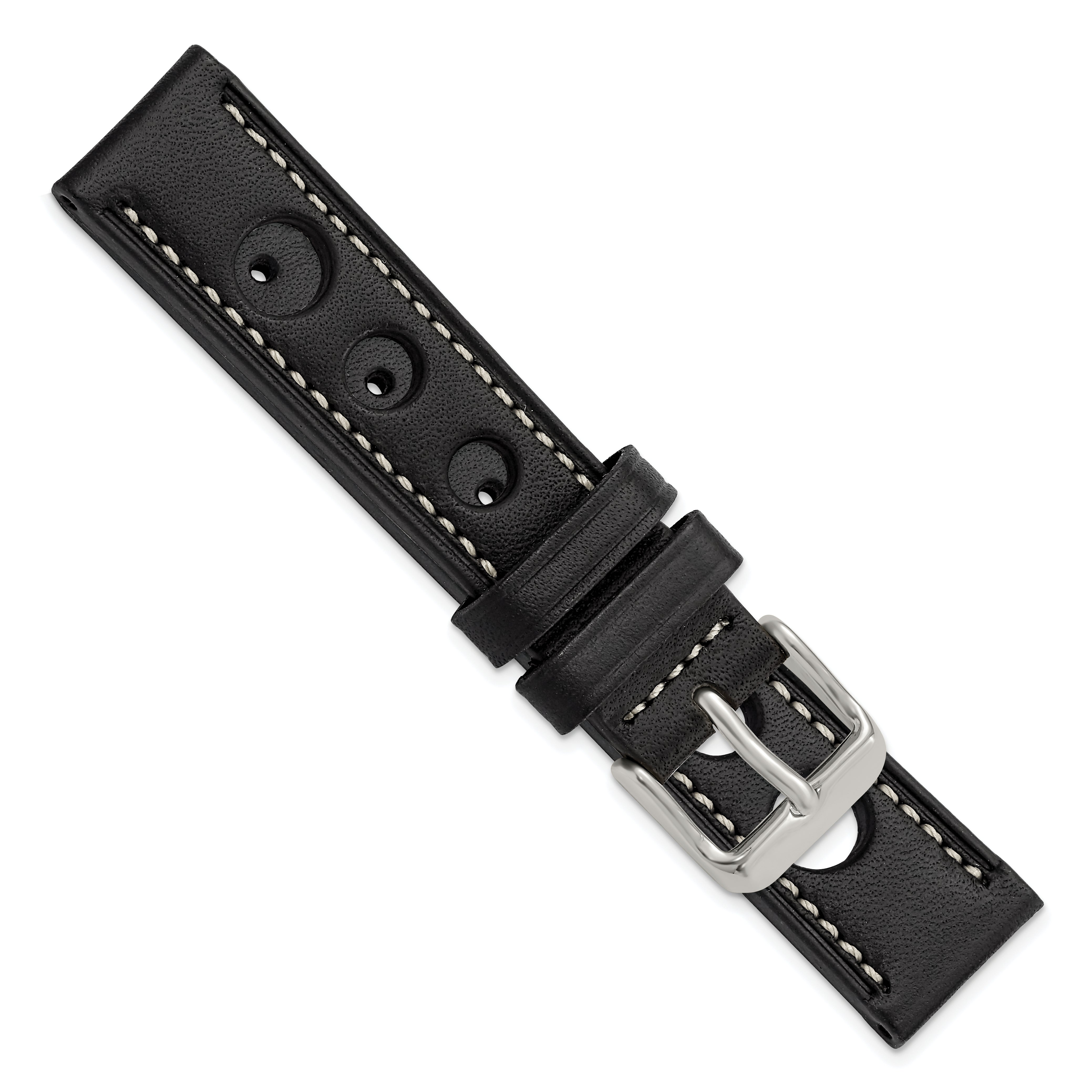 18mm Black Grand Prix Leather with White Stitching and Silver-tone Buckle 7.5 inch Watch Band