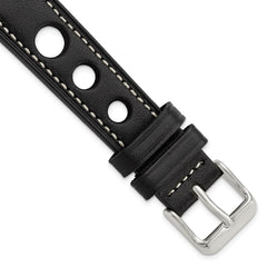 18mm Black Grand Prix Leather with White Stitching and Silver-tone Buckle 7.5 inch Watch Band