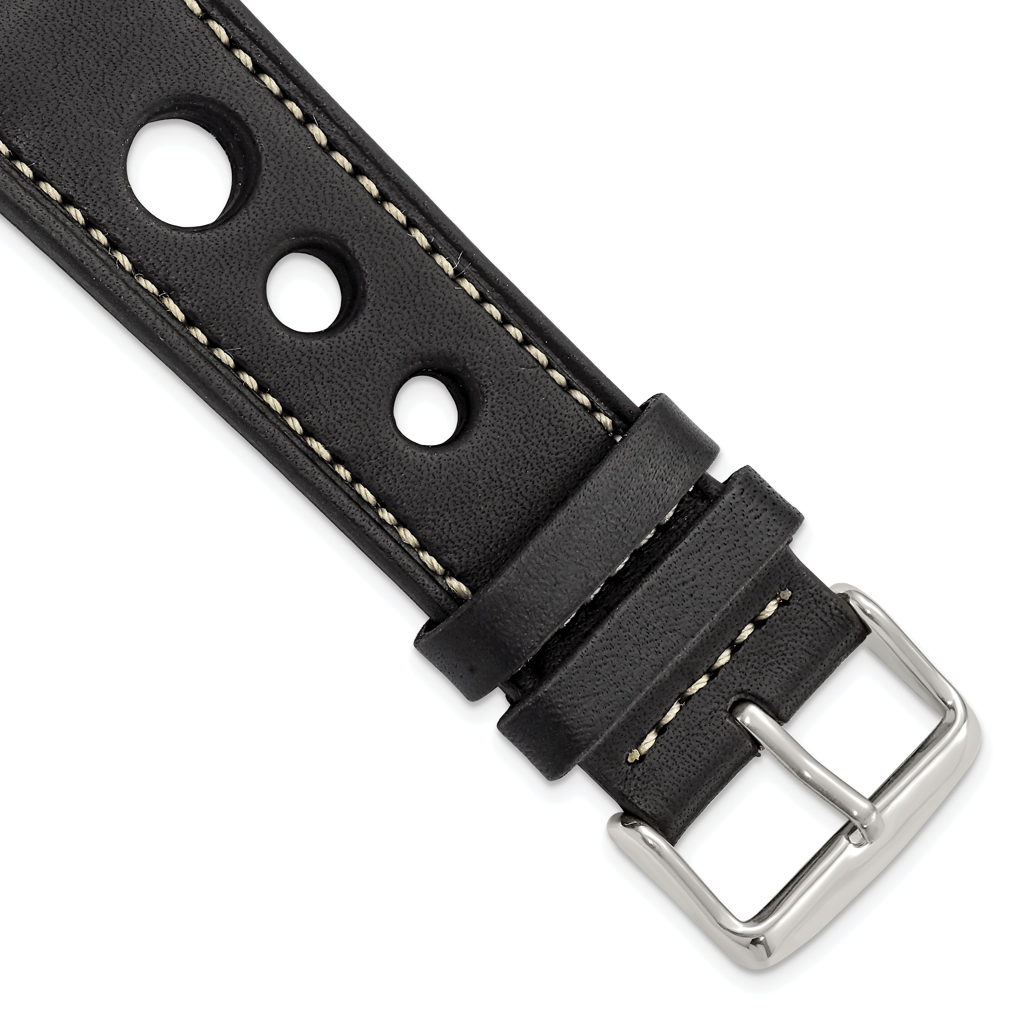 18mm Black Grand Prix Leather with White Stitching and Silver-tone Buckle 7.5 inch Watch Band