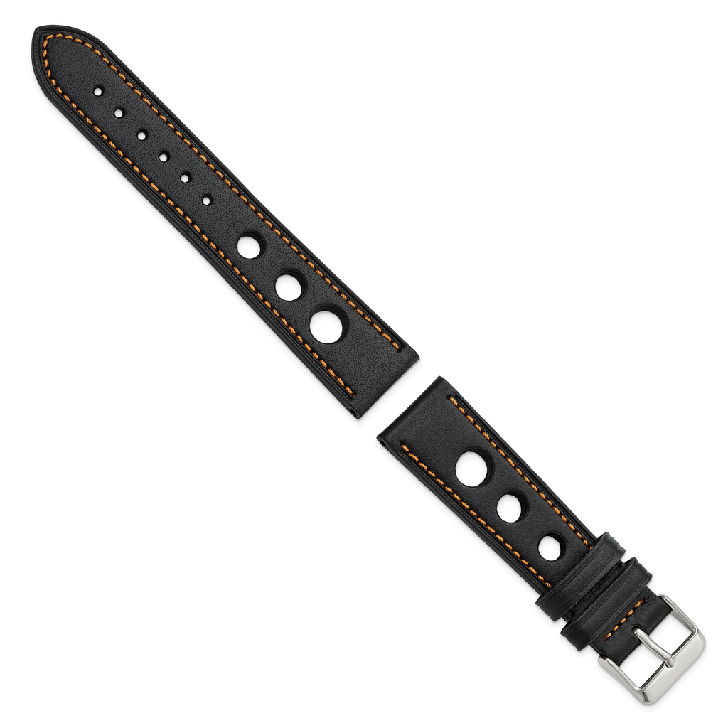 18mm Black Grand Prix Leather with Orange Stitching and Silver-tone Buckle 7.5 inch Watch Band