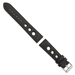 18mm Black Grand Prix Leather with Orange Stitching and Silver-tone Buckle 7.5 inch Watch Band